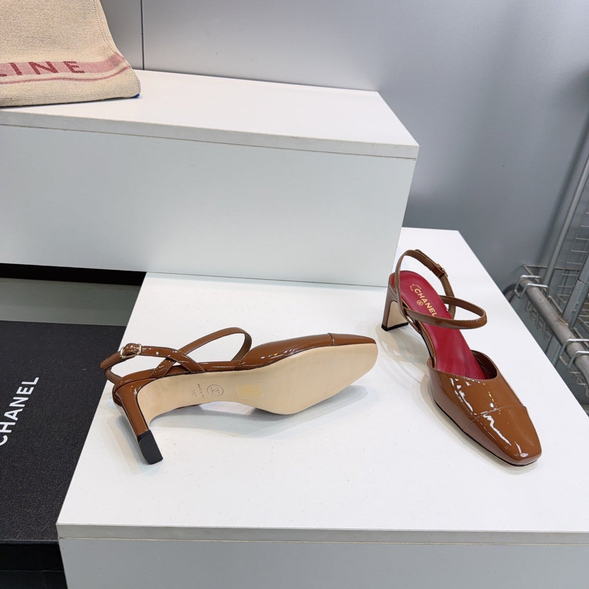 CC Block Heel Slingback Pumps 6.5cm Caramel Brown Patent Calfskin Leather 842769