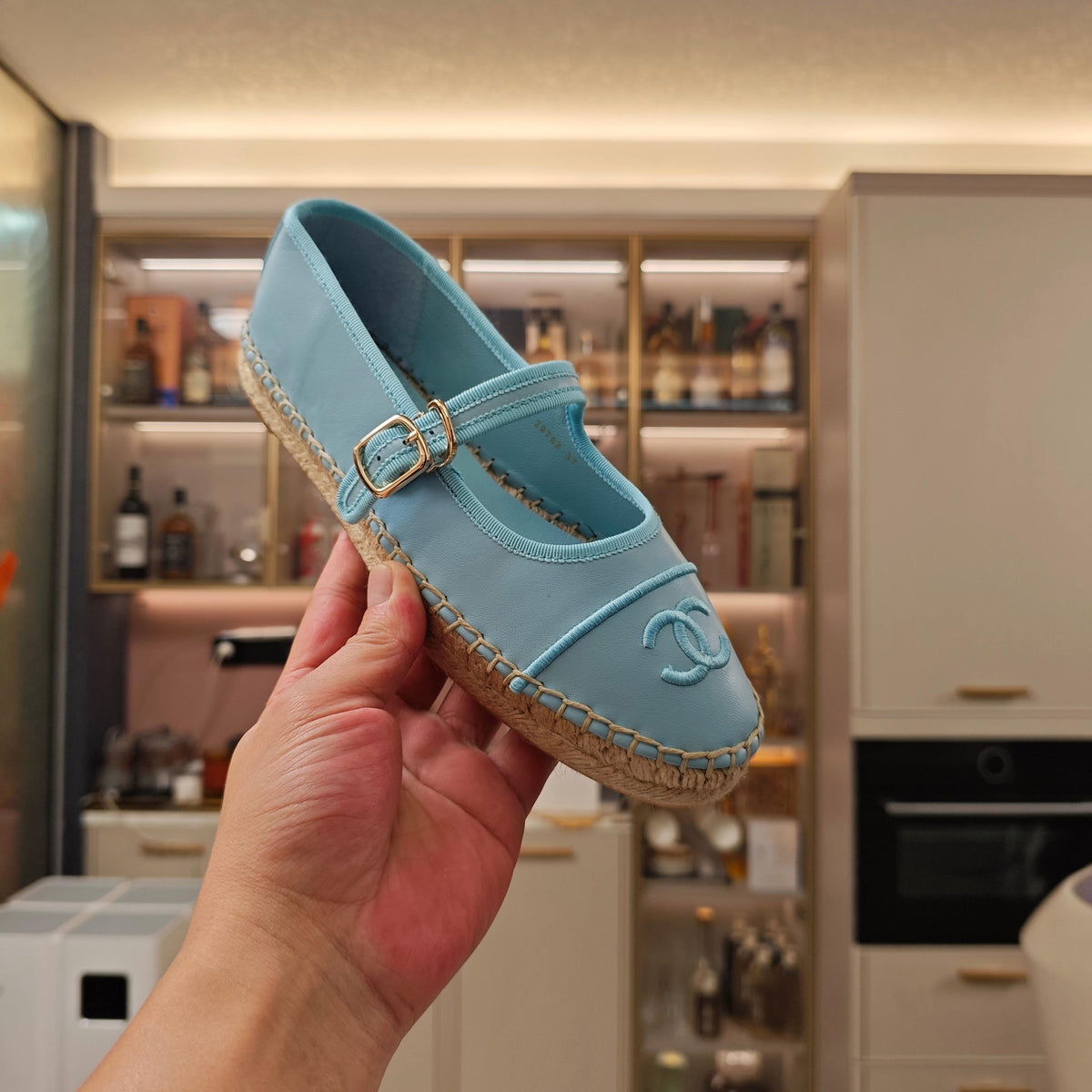 CC Espadrilles Blue Lambskin Leather Jute Sole 855749