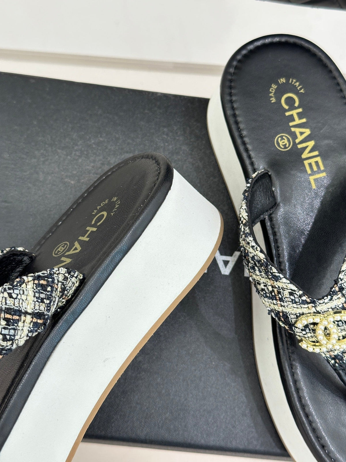 CC Crystal Logo Platform Thong Sandals Black Tweed 887786