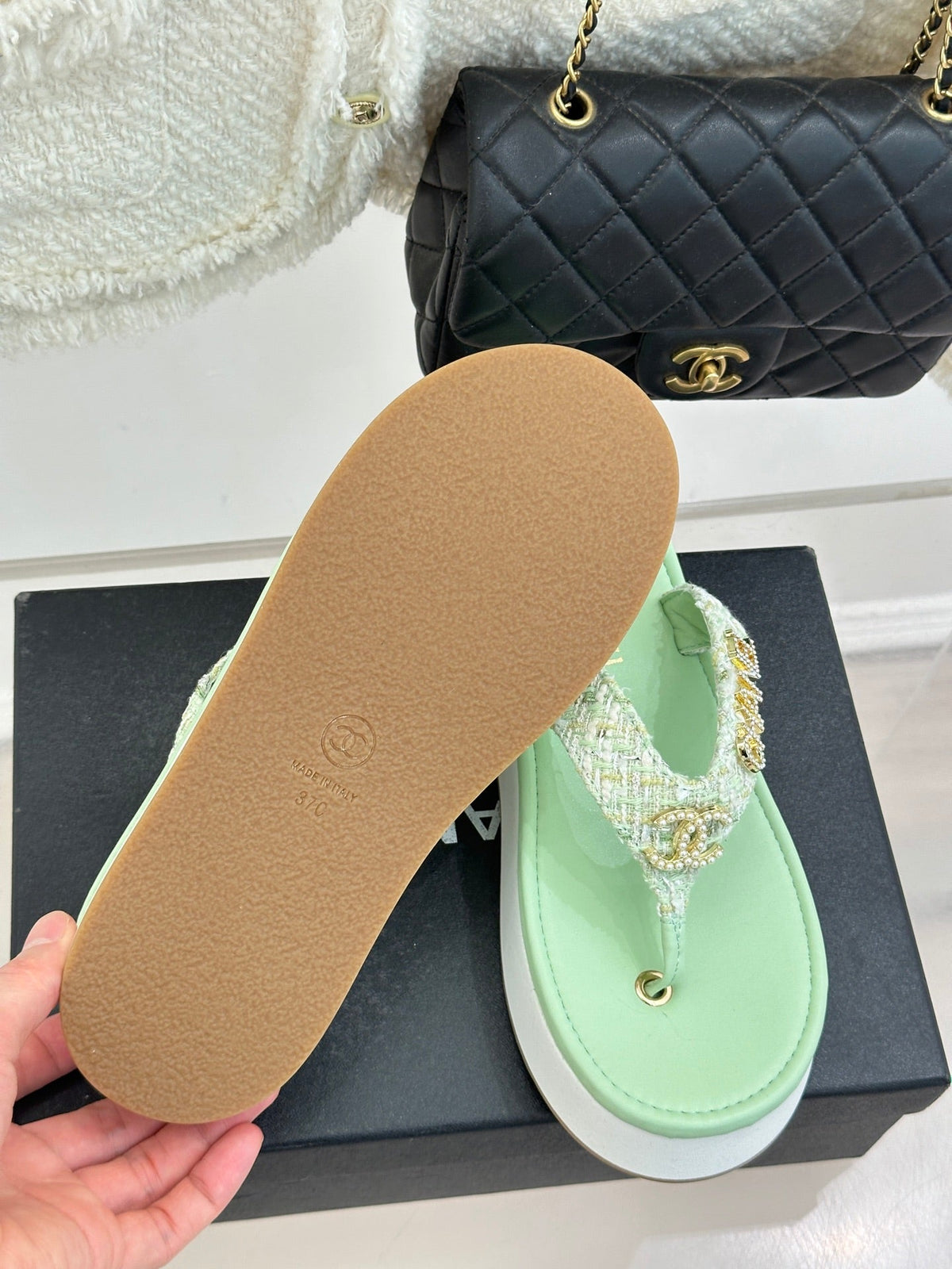 CC Crystal Logo Platform Thong Sandals Lime Green Tweed 887784
