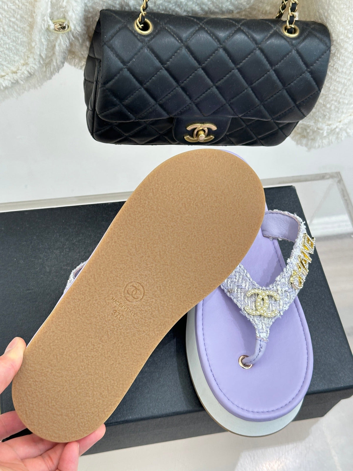 CC Crystal Logo Platform Thong Sandals Purple Tweed 887783