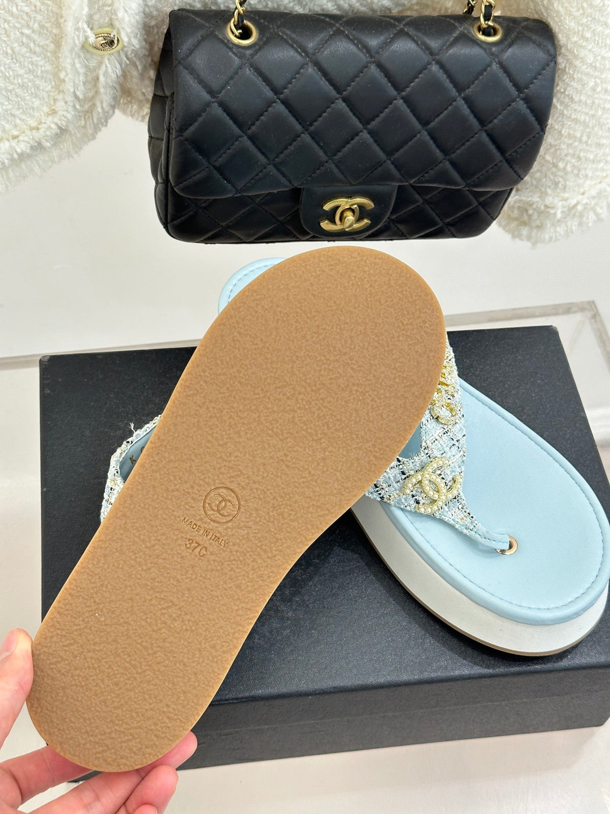 CC Crystal Logo Platform Thong Sandals Blue Tweed 887782