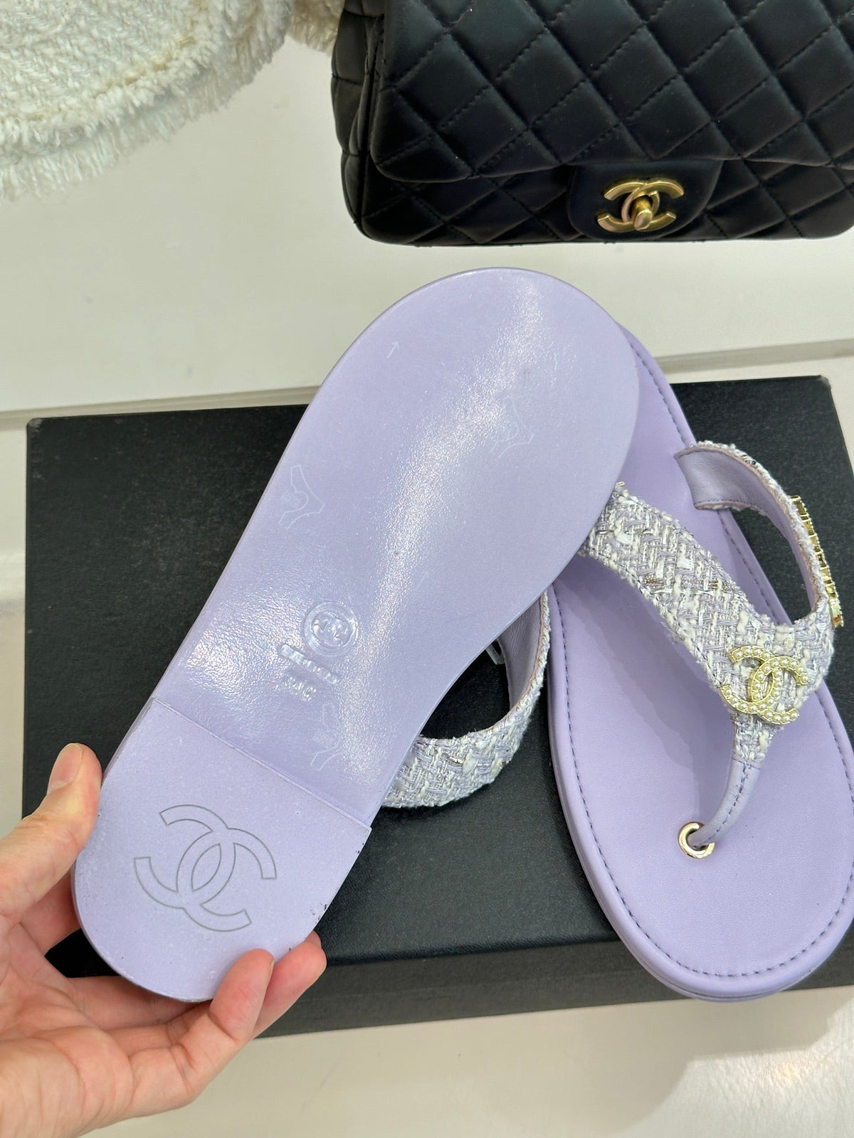 CC Crystal Logo Platform Thong Sandals Flat Purple Tweed 887776