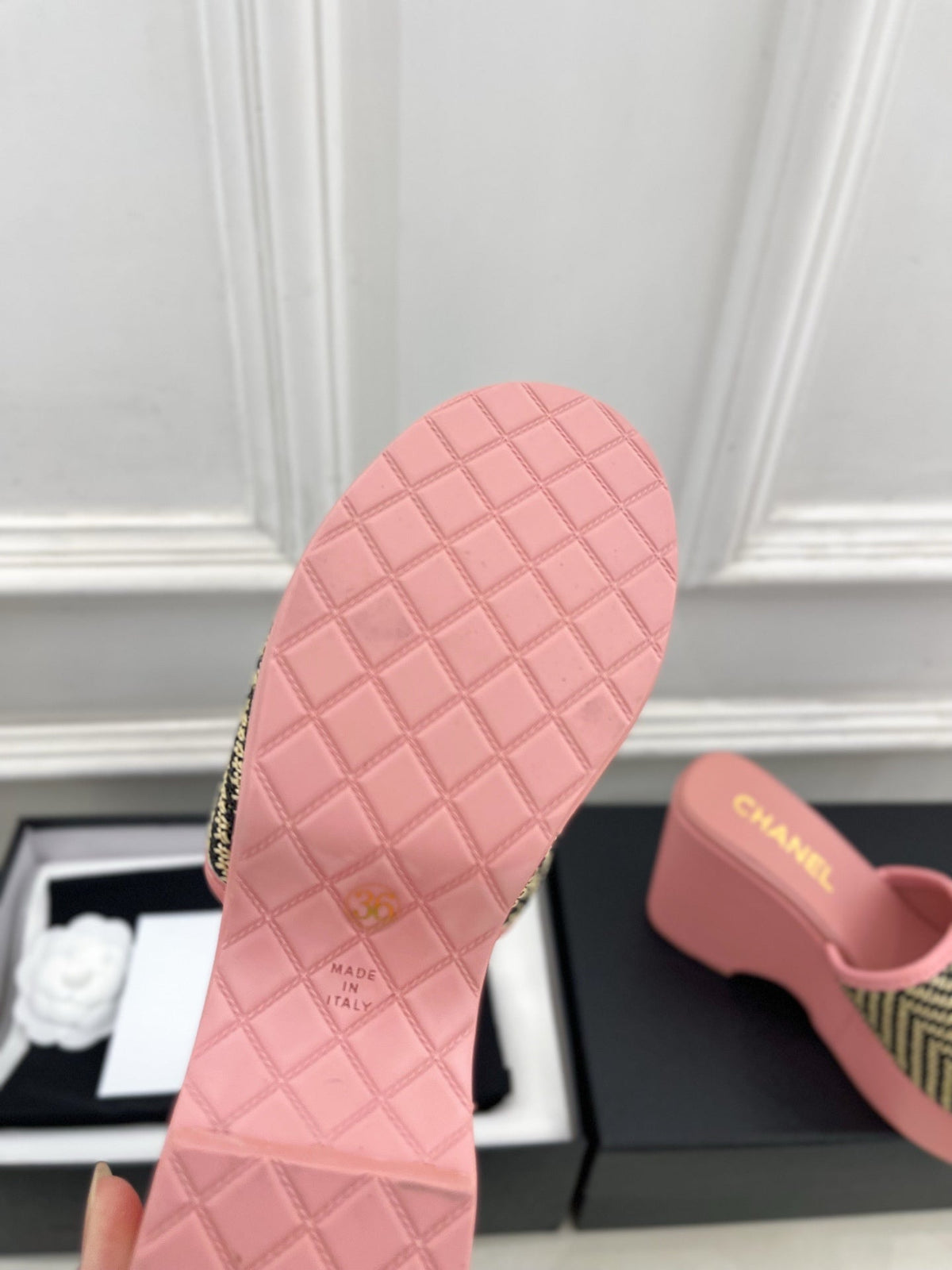 CC Double C Platform Wedge Mules 10cm Pink Tweed 891786