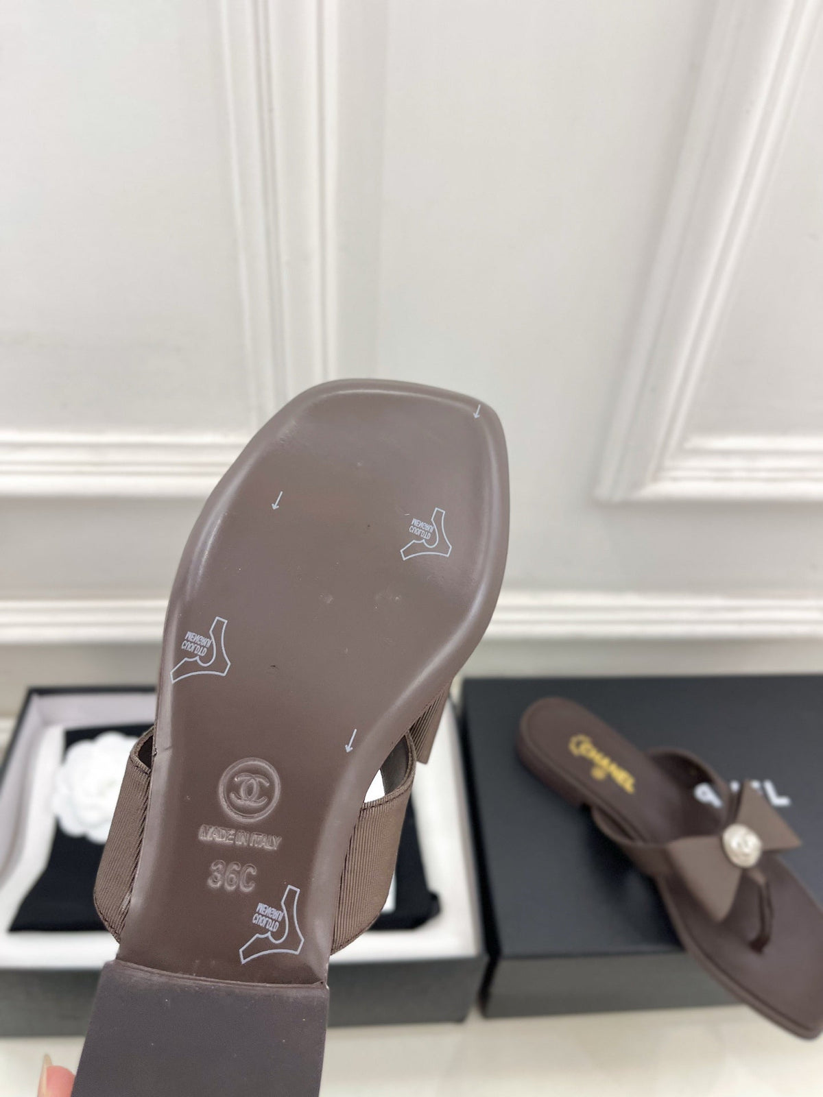 CC Pearl Bow Thong Flat Sandals Brown Satin 891778