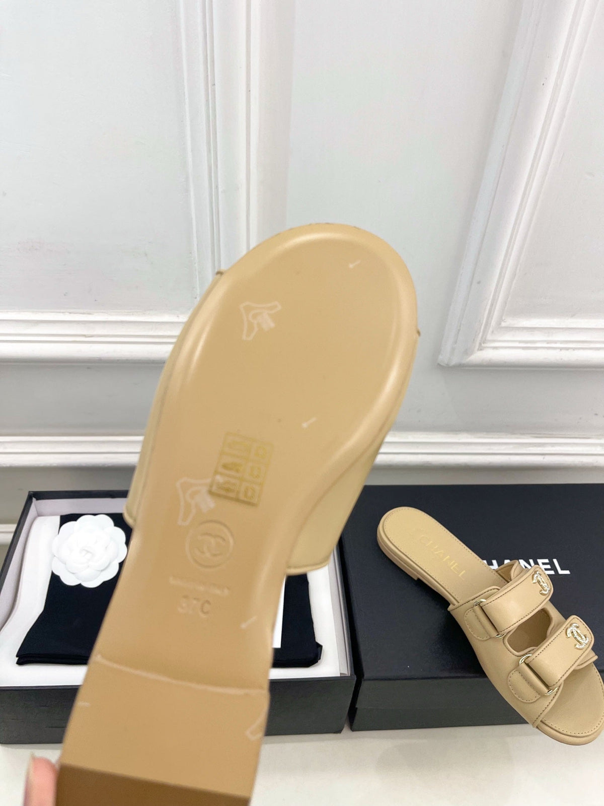 CC Crystal Double C Velcro Flat Mules Beige Lambskin 891667