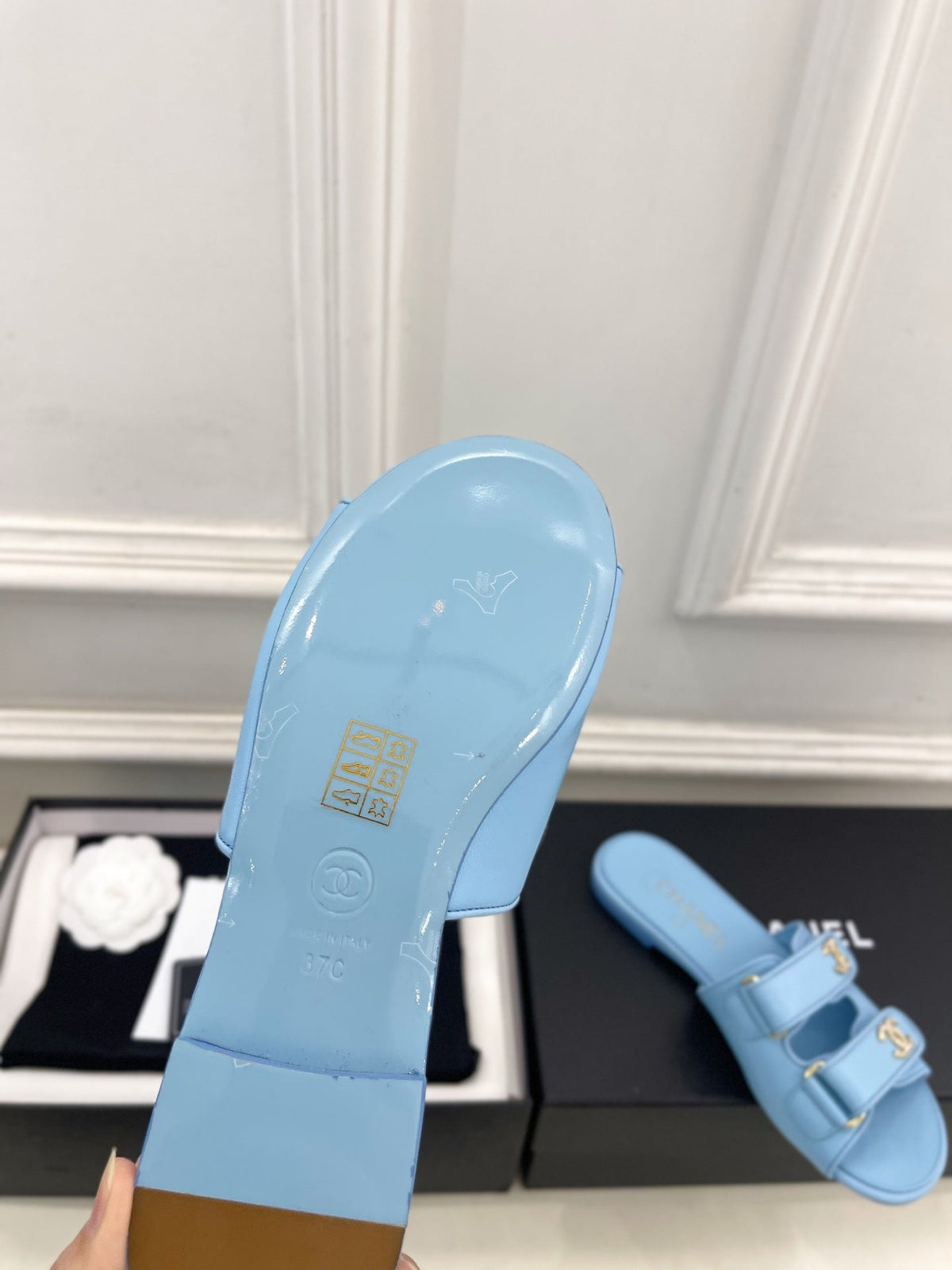 CC Crystal Double C Velcro Flat Mules Blue Lambskin 891666