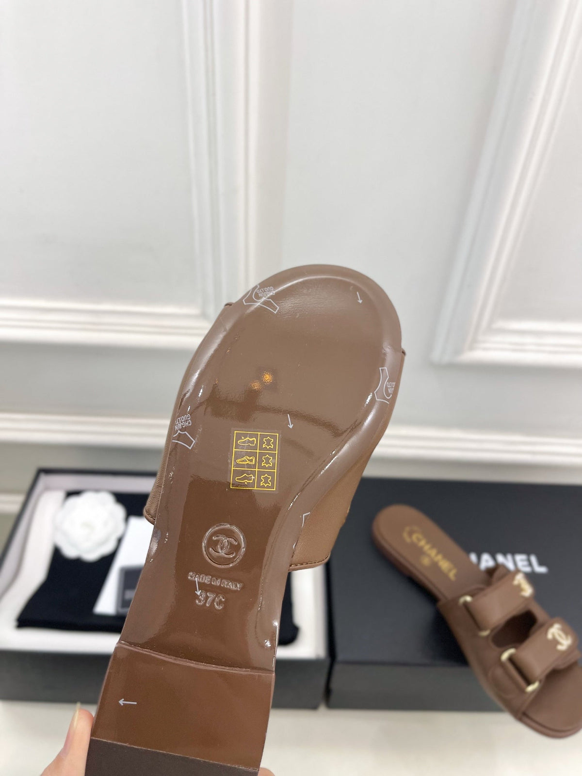 CC Crystal Double C Velcro Flat Mules Brown Lambskin 891665