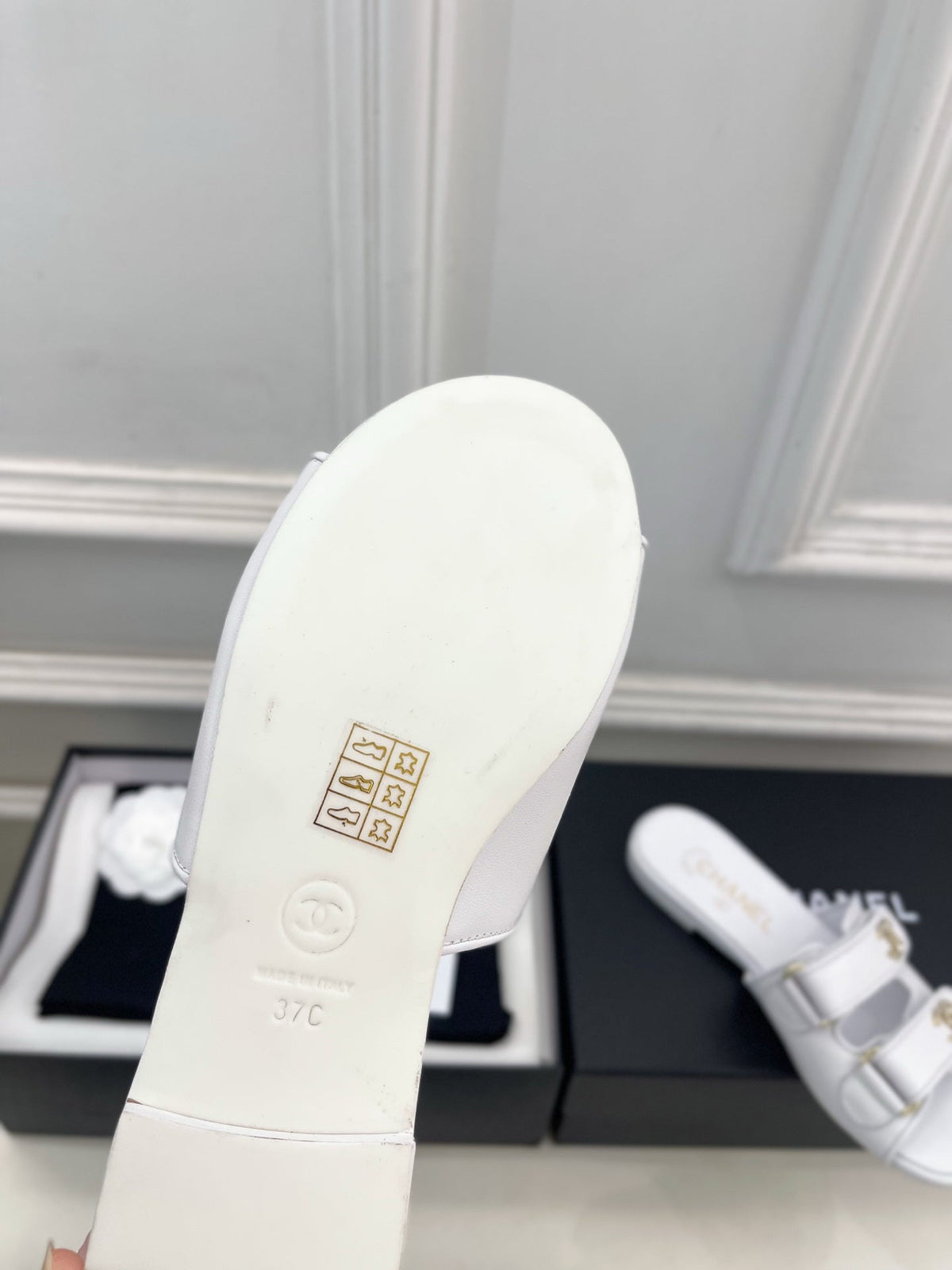 CC Crystal Double C Velcro Flat Mules White Lambskin 891663