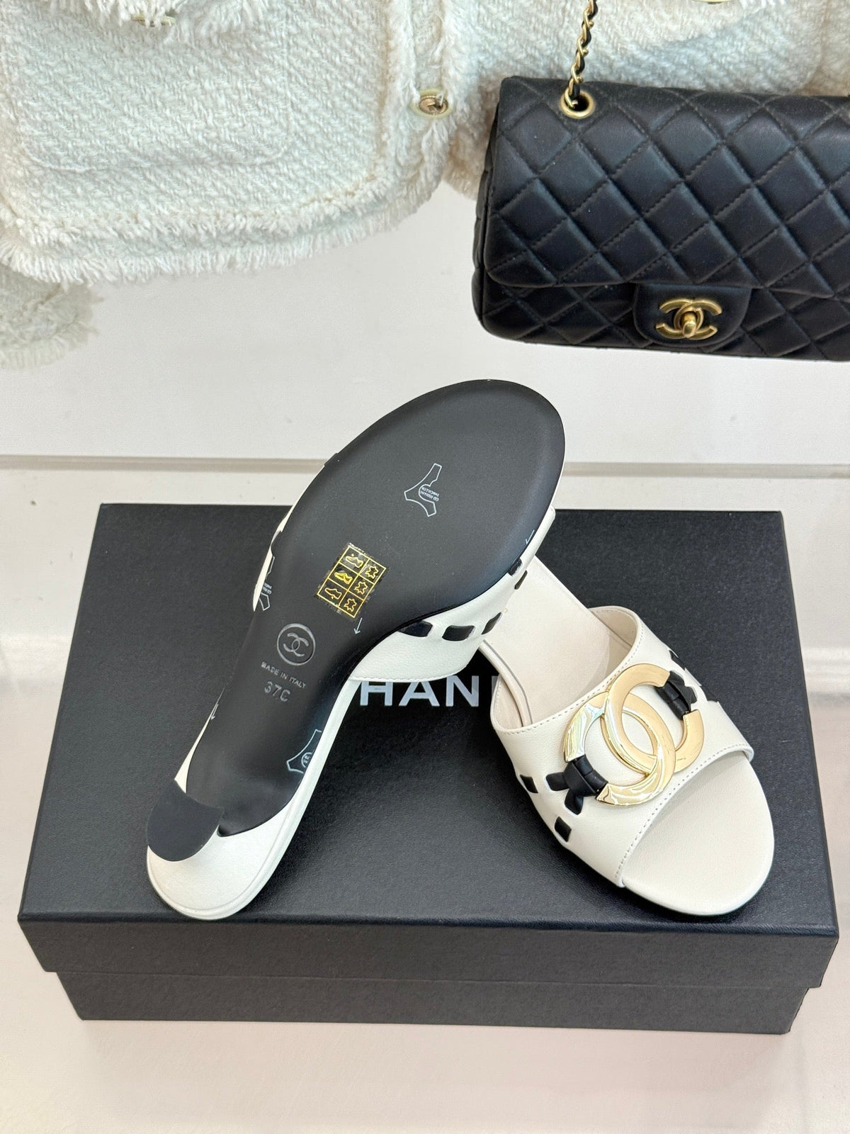 CC Flared Heel Mules White Lambskin Leather 904660
