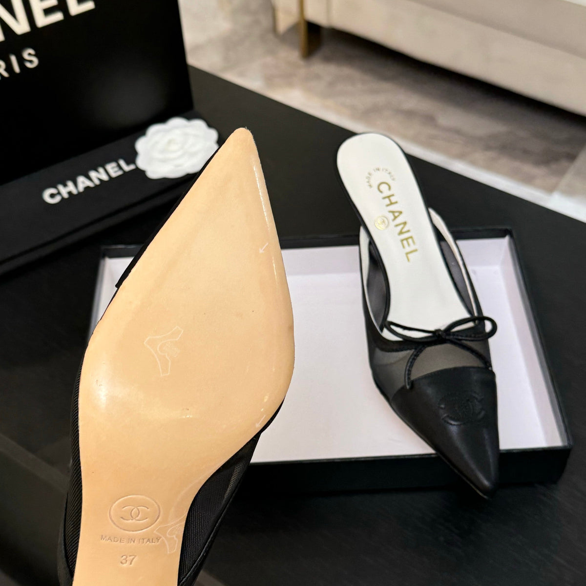 CC Bow Pointed Toe Mules Black Mesh & Leather 912941