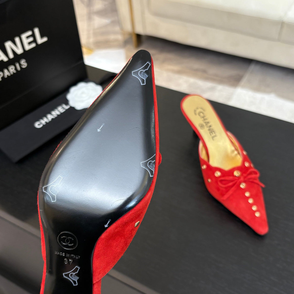 CC Grommet Bow Mules 6.5cm Red Suede Leather 912924