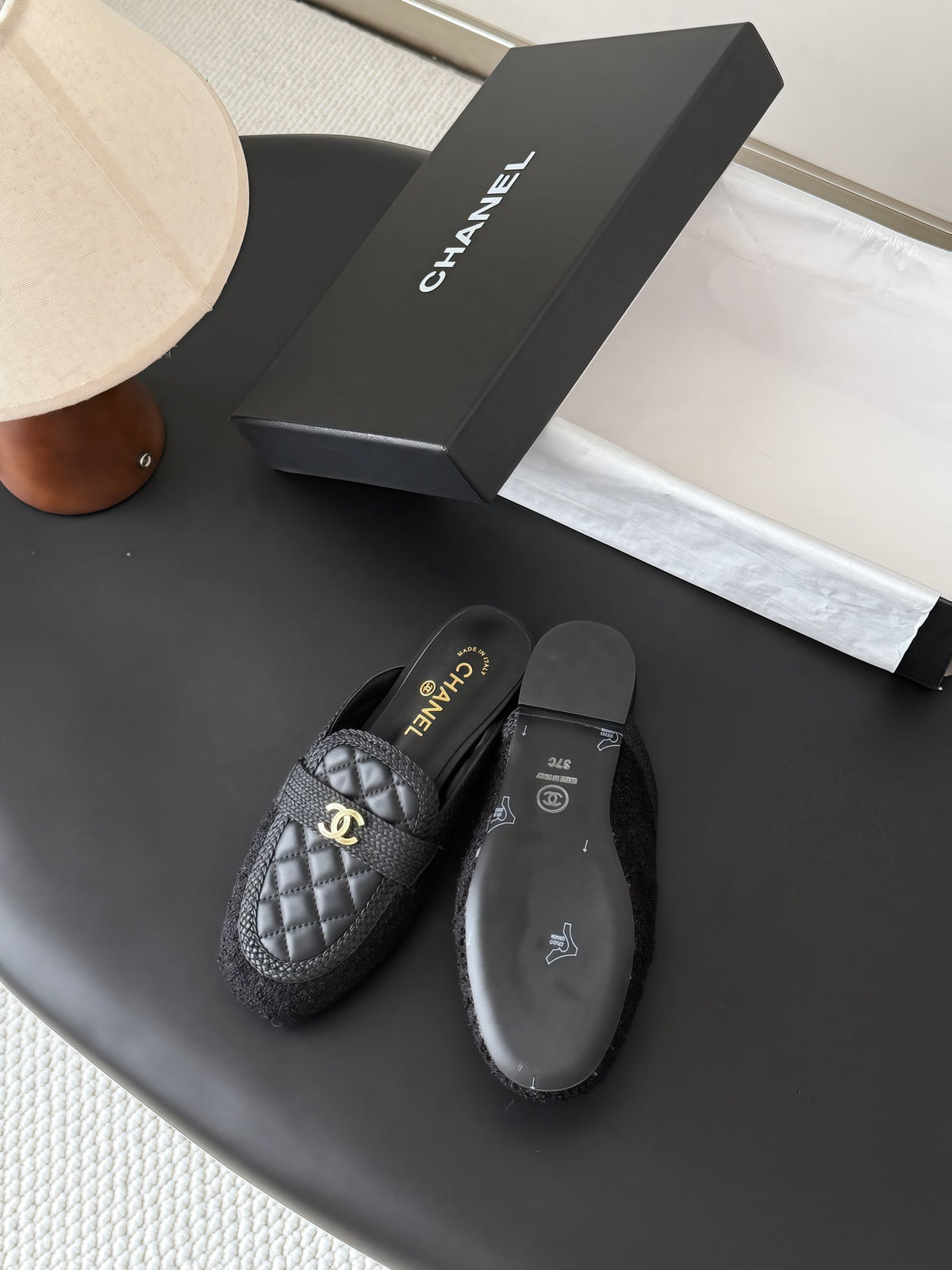 CC Quilted Logo Strap Mules Black Tweed & Leather 914191