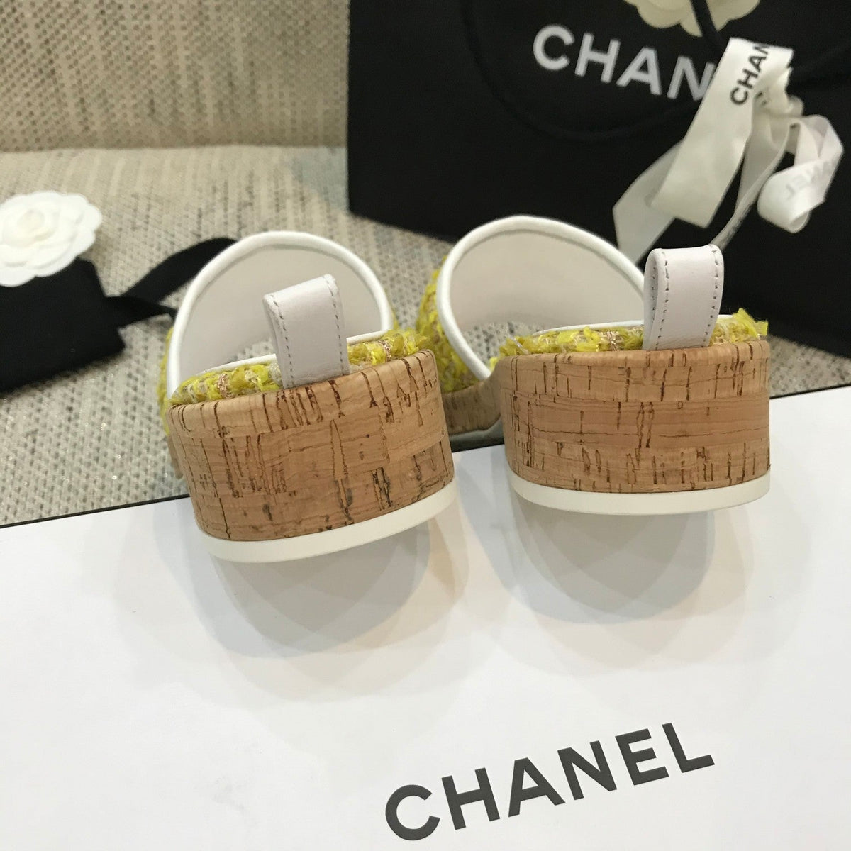CC 26s Wooden Slippers White Yellow Tweed Lambskin 916902