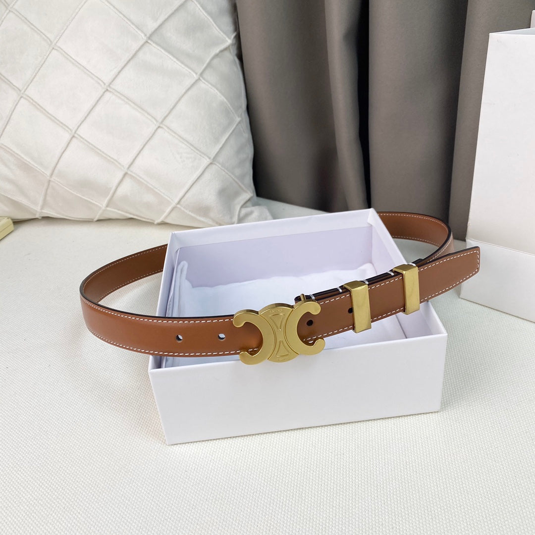 Medium Triomphe Belt 25mm Tan Calfskin Gold Loop Ghw