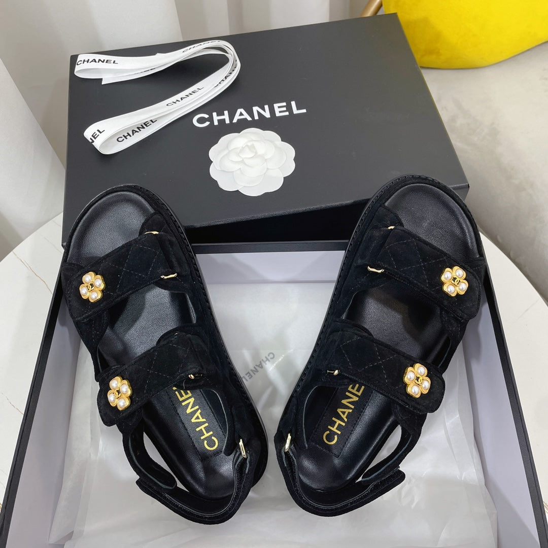 Chanel 26s Sandals Black Suede Pearl Camellia Embellishment