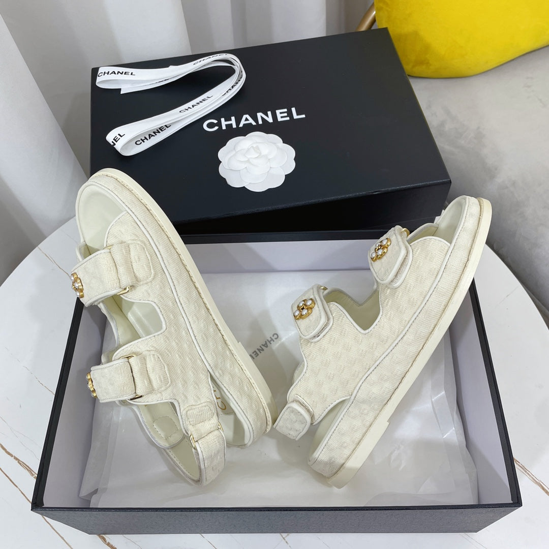 Chanel 26s Sandals White Textured Fabric