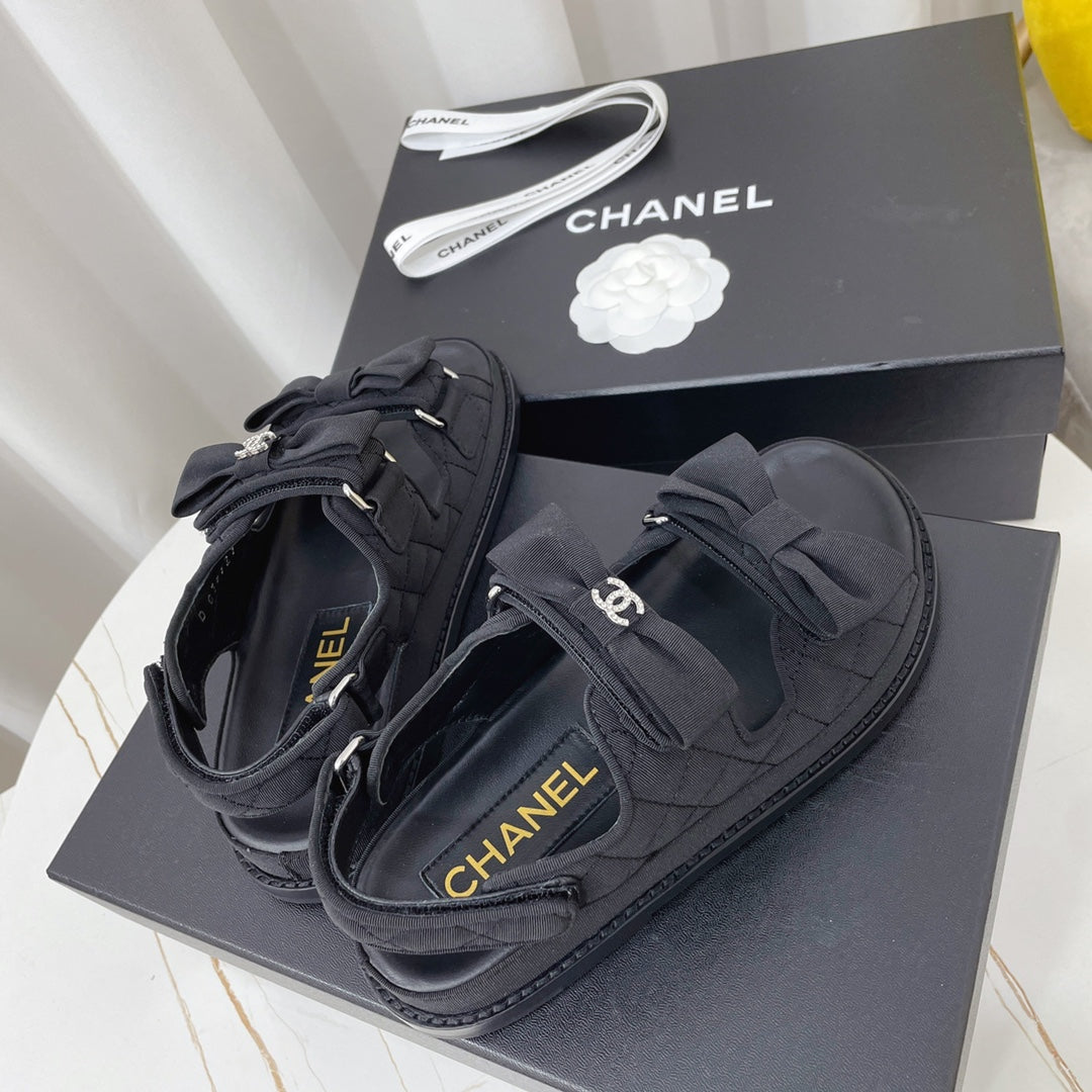 Chanel 26s Sandals Black Fabric Bow Embellishment