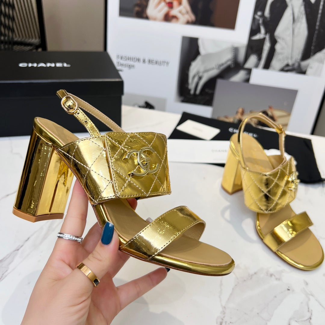 CC 26s Two-Strap Sandals 9cm Gold Patent Leather 867759