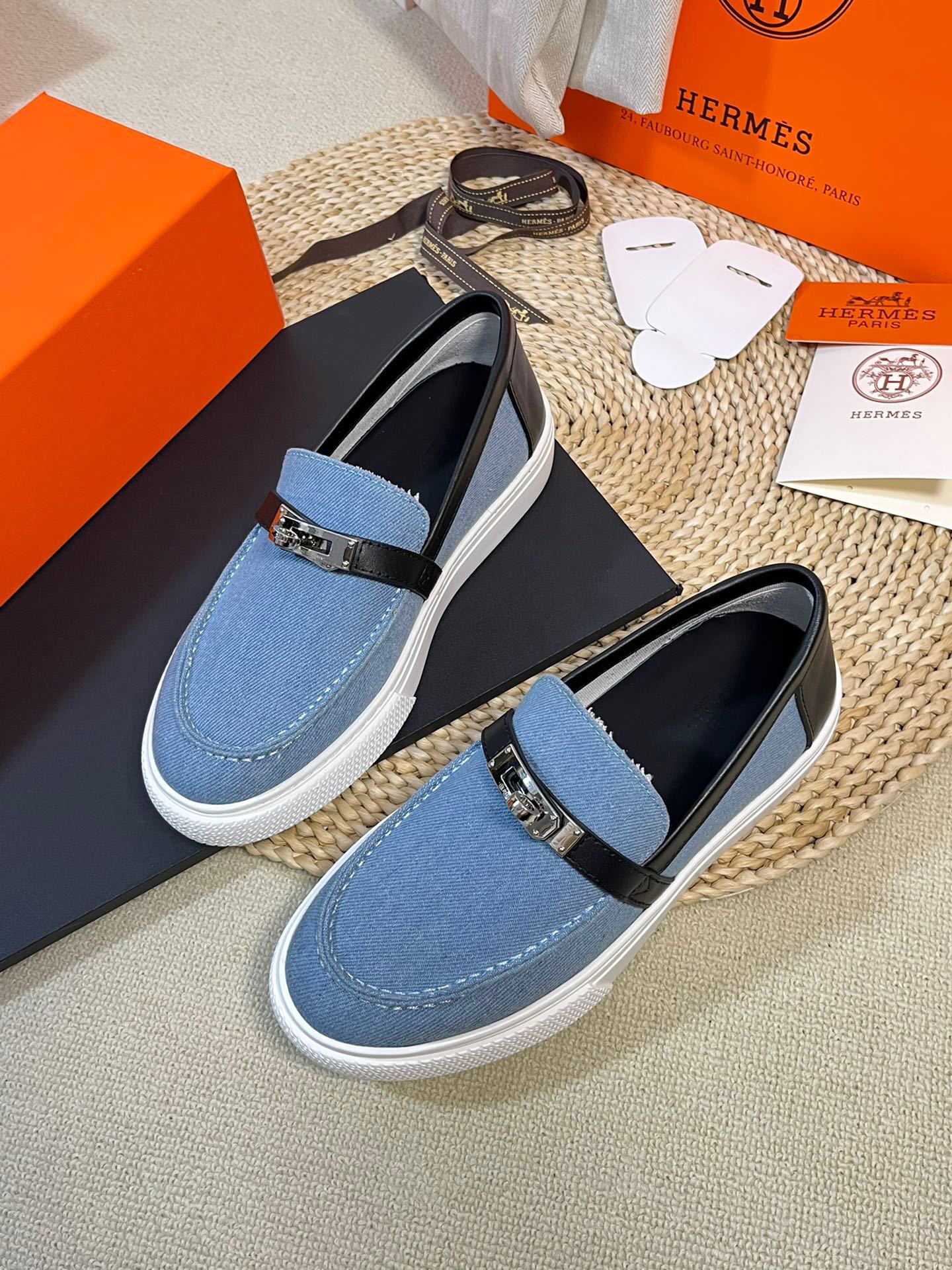 HM Denim Loafer Blue Black Cowhide Cloth 317049