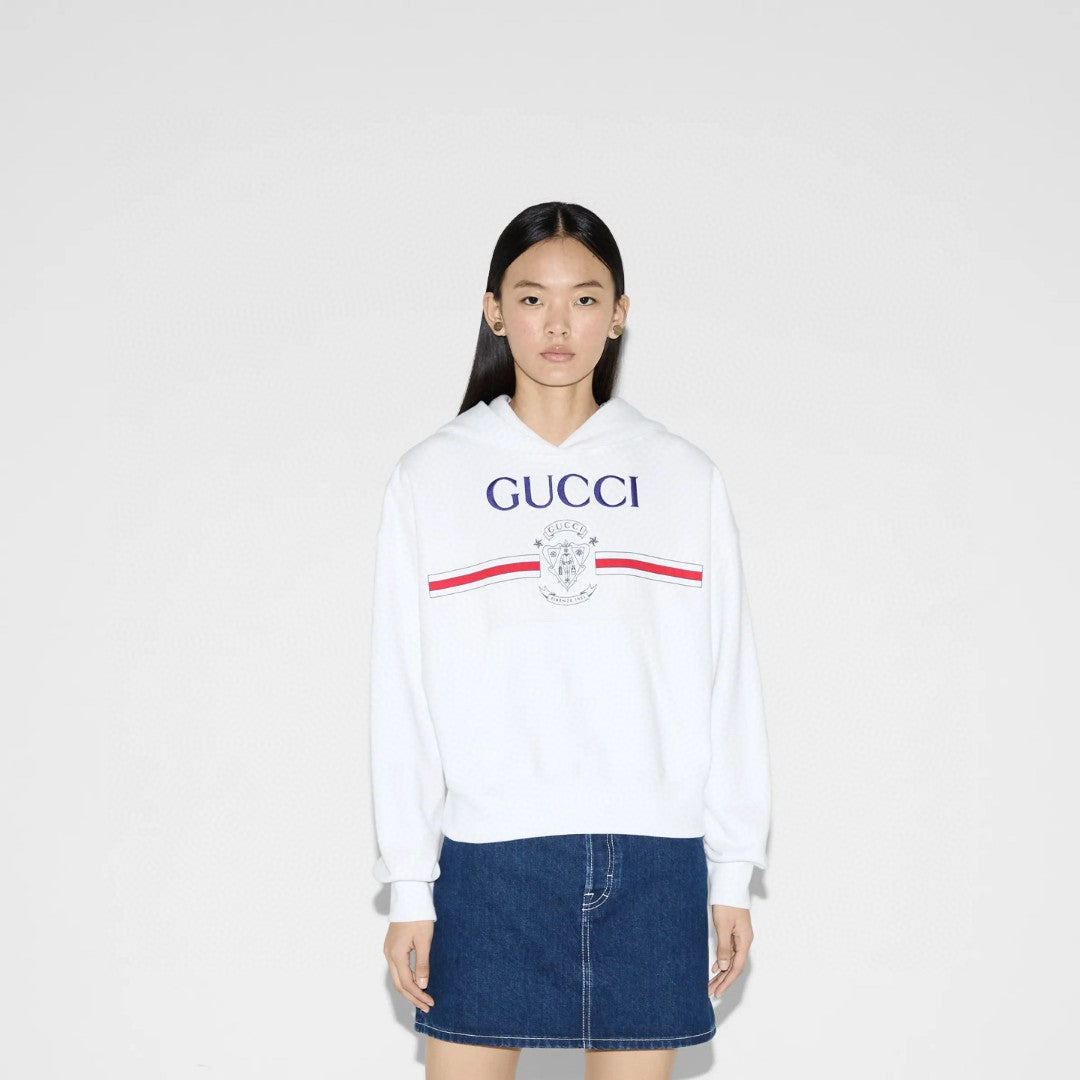 GG White Blue Printed Cotton Jersey Hooded Sweatshirt
