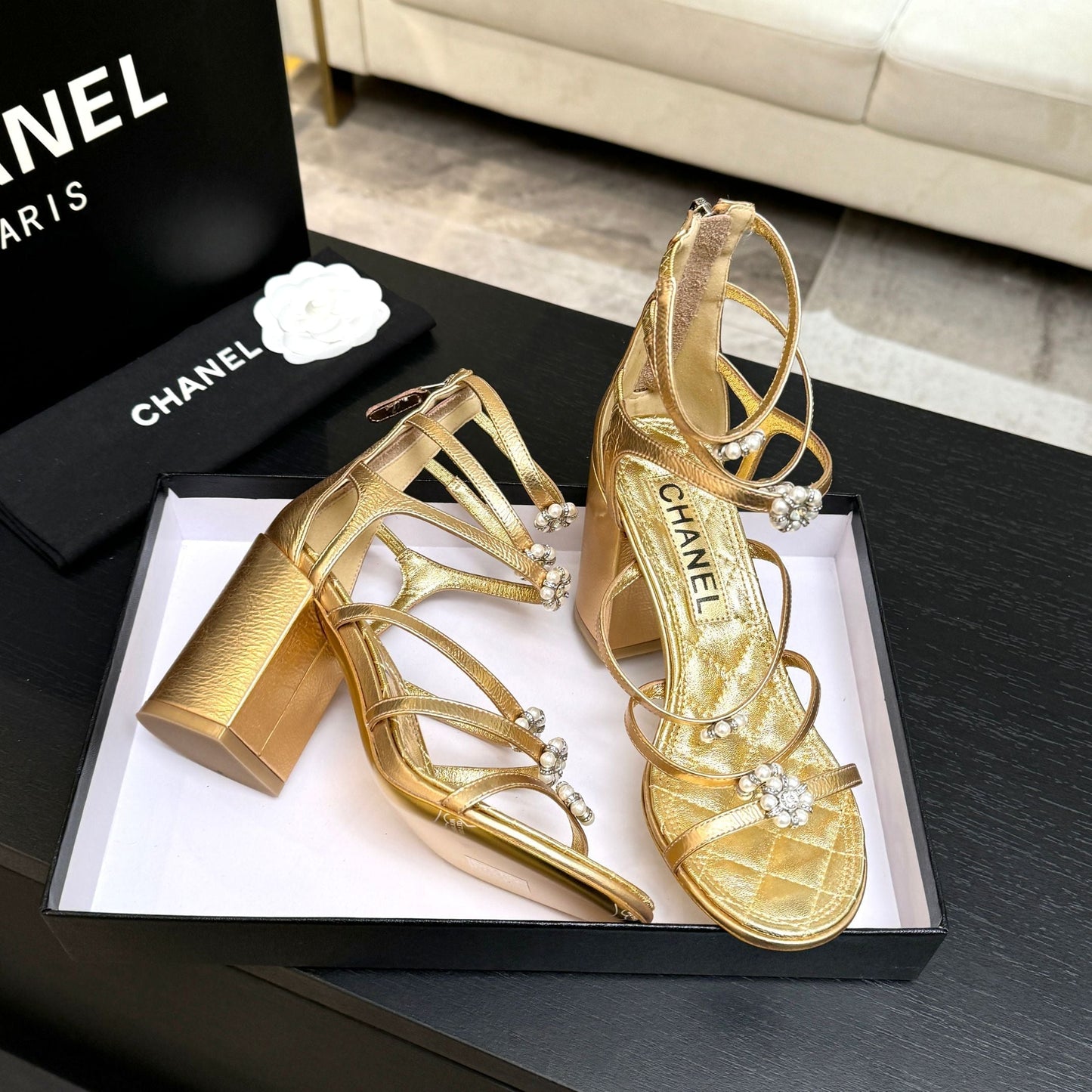 CC 2026 Camellia Chunky Heeled Sandals 80 Cowhide