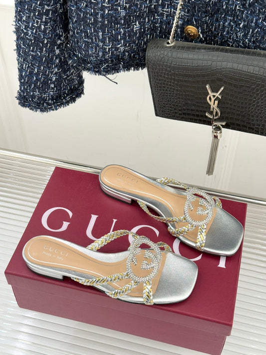 GG 26ss Slipper Rhinestone Double G Sheepskin
