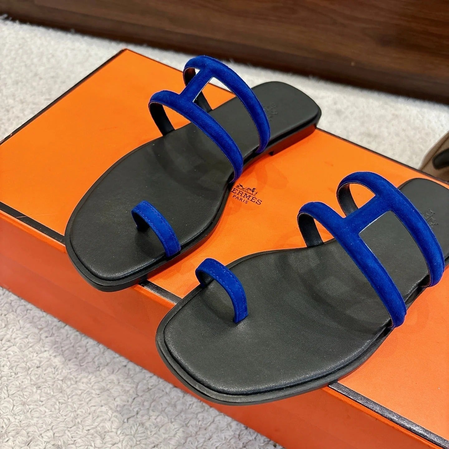 Hermes Georgia Sandals Dark Blue in Suede 685978