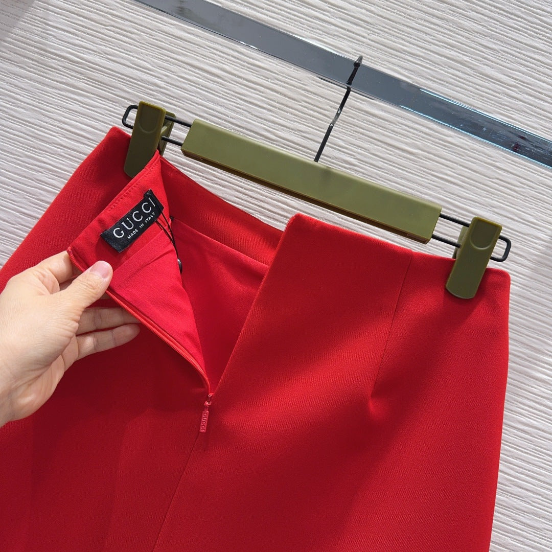 GG Crêpe Skirt With Double G Button Red Wool 346678