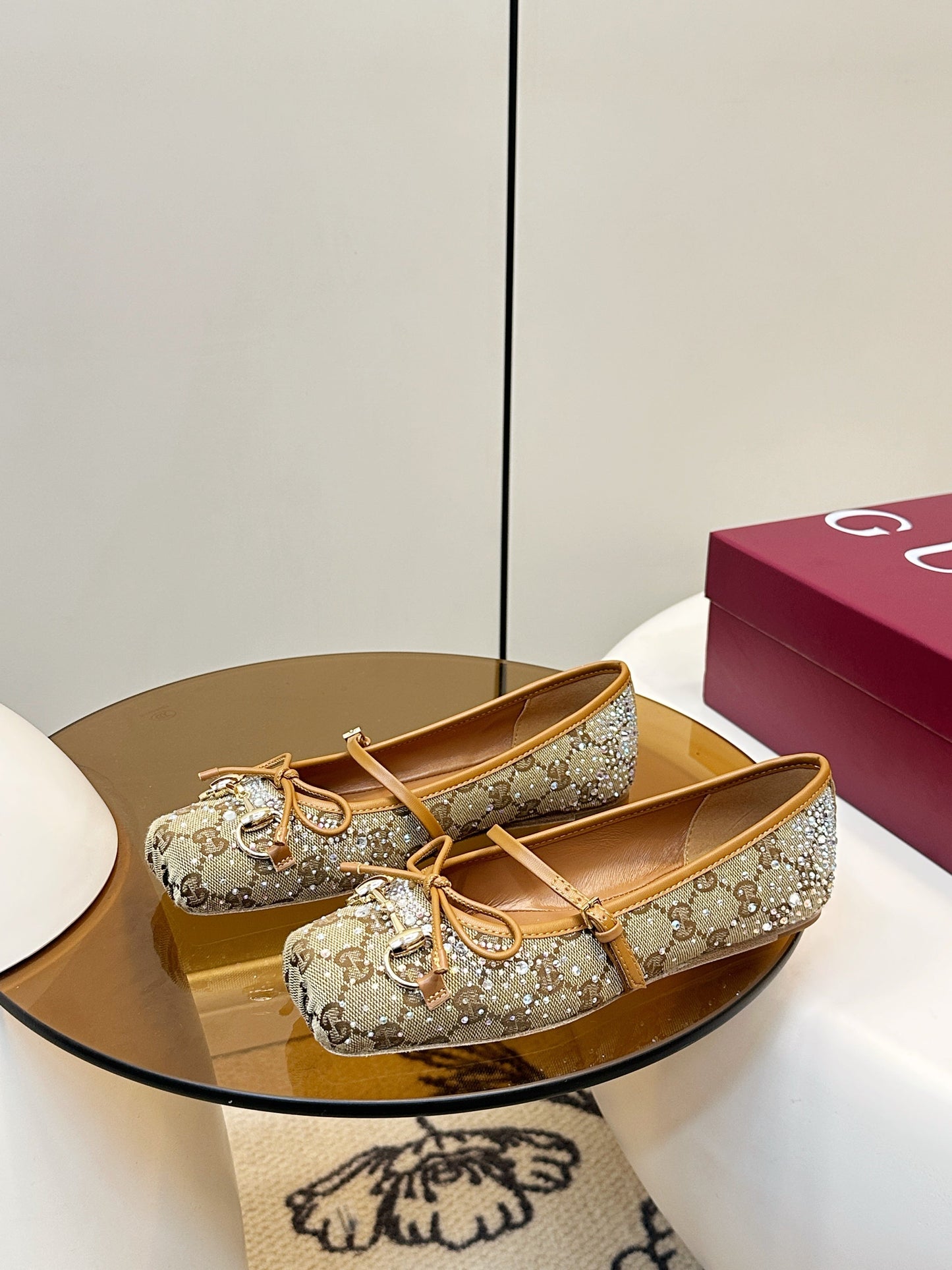GG 26SS Ballet Flats Rhinestone Beige Brown Canvas Sheepskin 645702