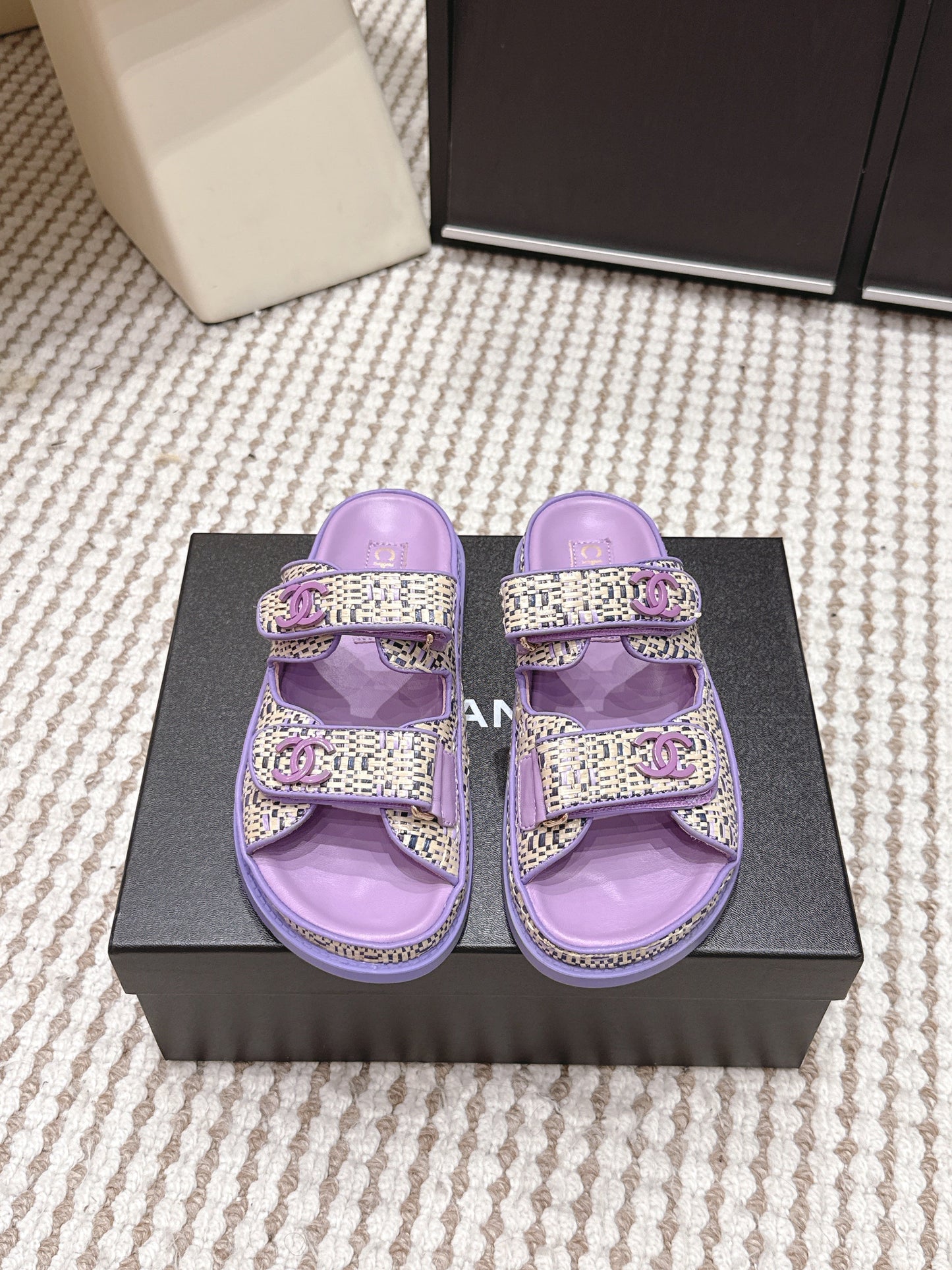 CC 26s Sandals Purple Beige Leather Raffia 632395