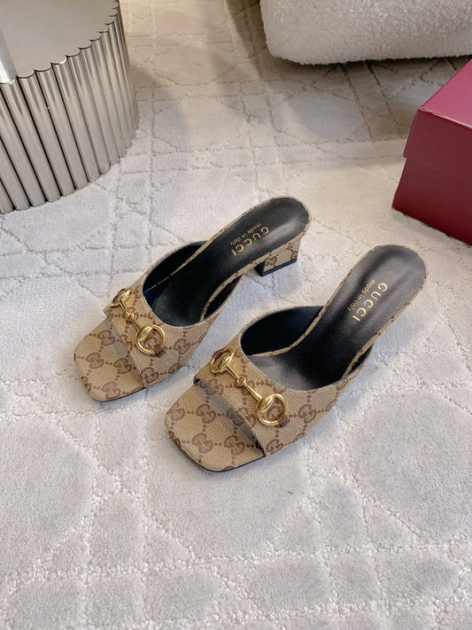 GG 26SS High-Heeled Sandals Beige Black Canvas Leather 644534