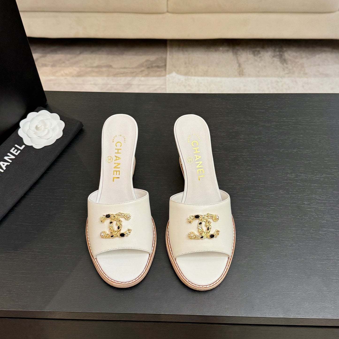 CC 2026 Wedge Sandals 65 Lambskin Gold Black Logo