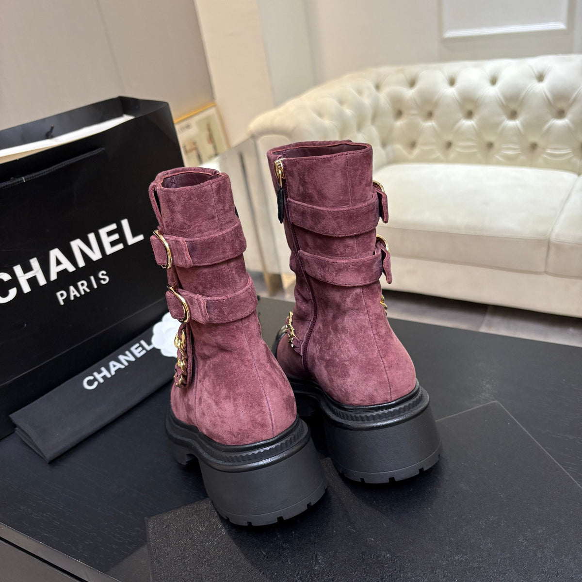 CC 26s Combat Boots Quilted Burgundy Suede Black Patent Calfskin 957757