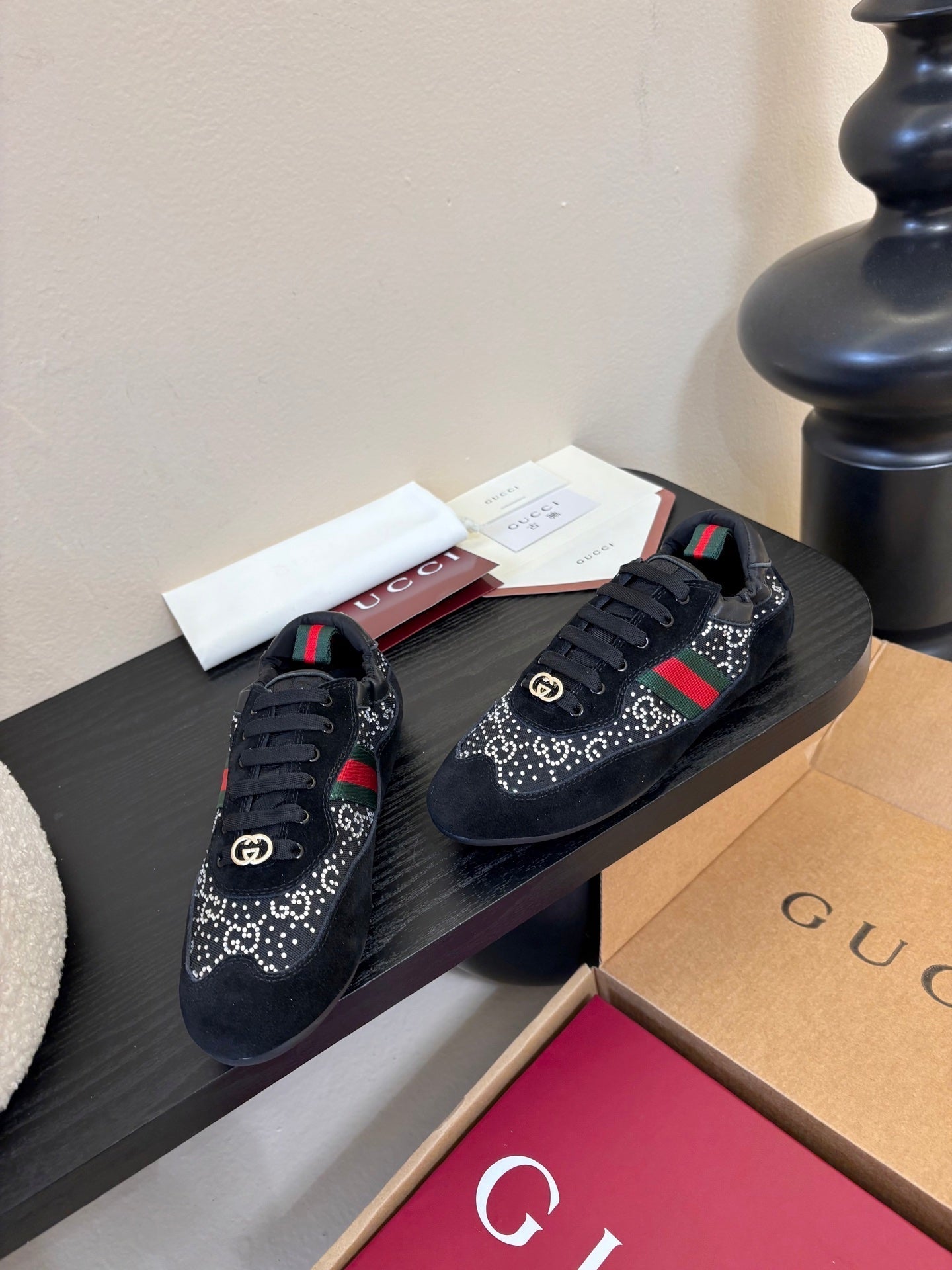 GG 26 Casual Sneakers Black Cowhide Suede Rhinestones 627229