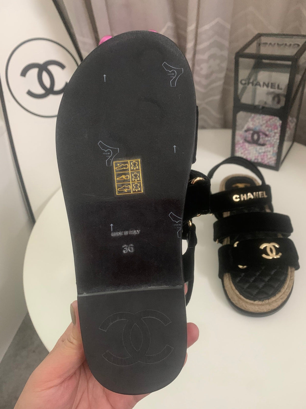 CC 26s Strappy Sandals In Black Velvet With Rope Sole Gold Hardware