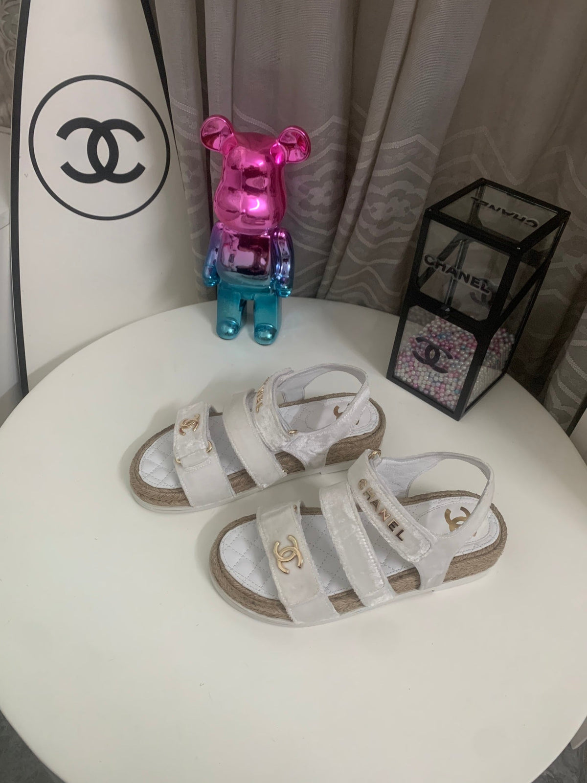CC 26s Strappy Sandals In White Velvet With Rope Sole Gold Hardware