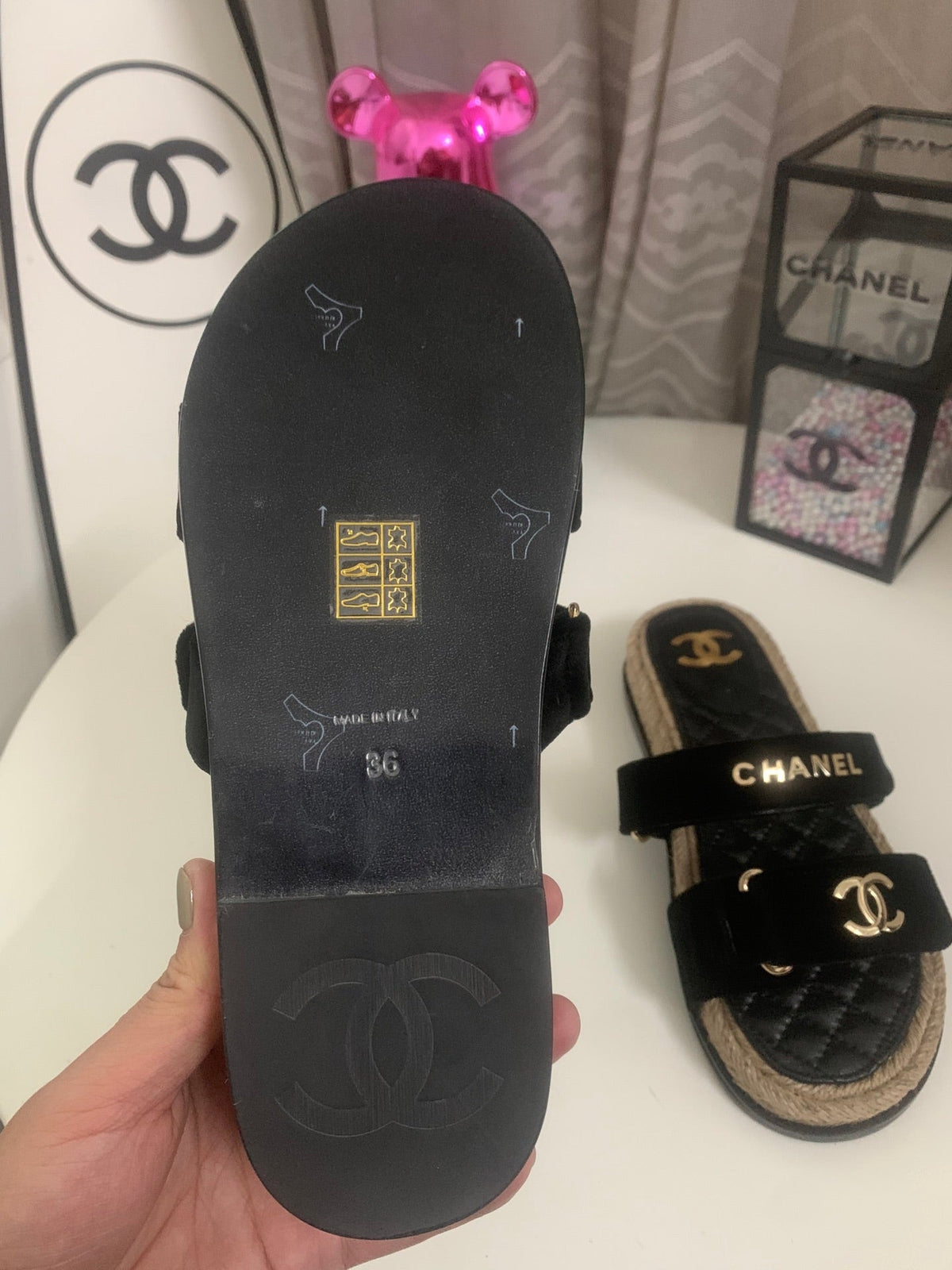 CC 26s Hemp Rope Platform Sandals Black Quited Sheepskin Velvet 862302