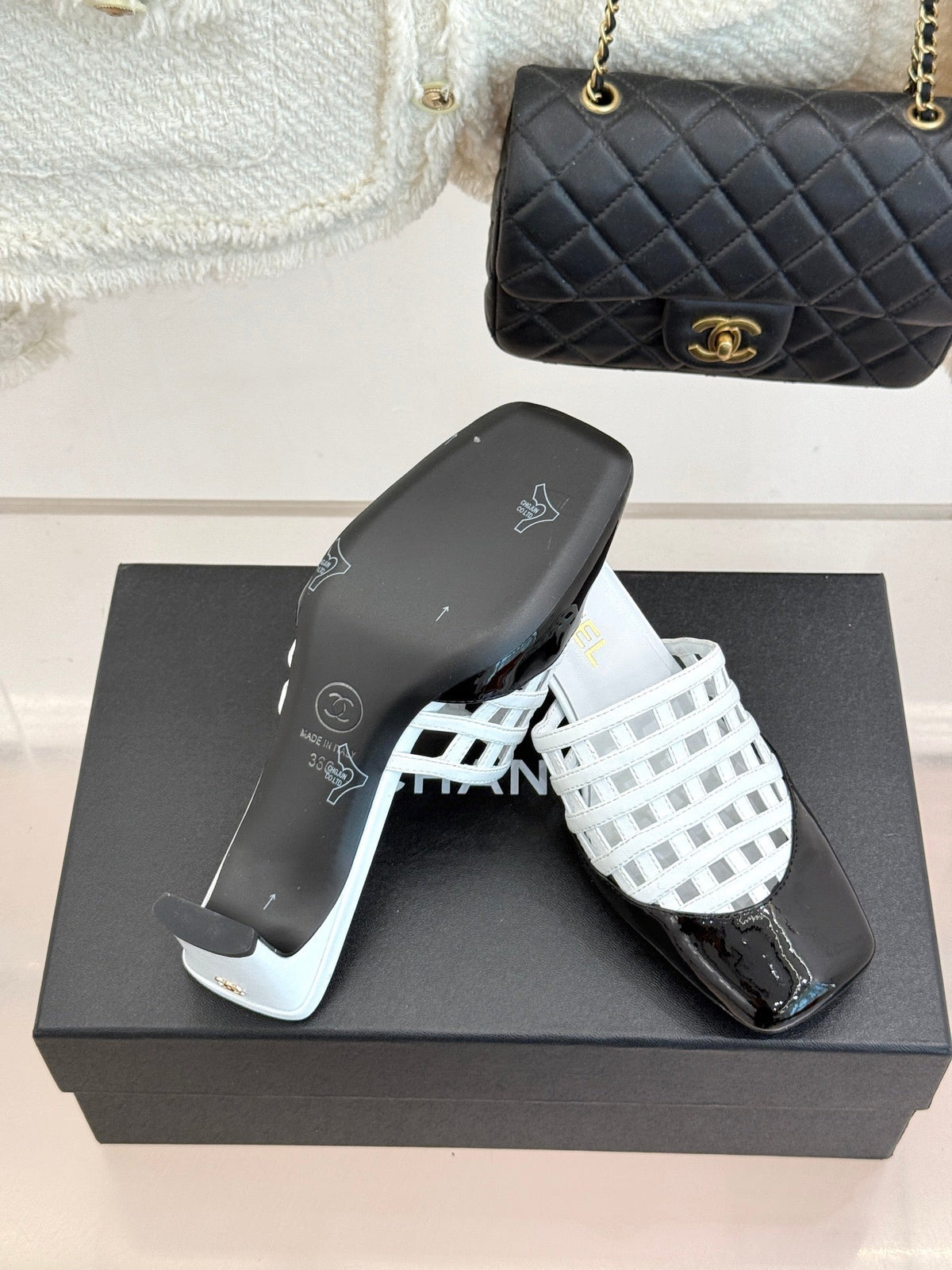 CC Woven Square-Toe Slippers Black White Leather 825775