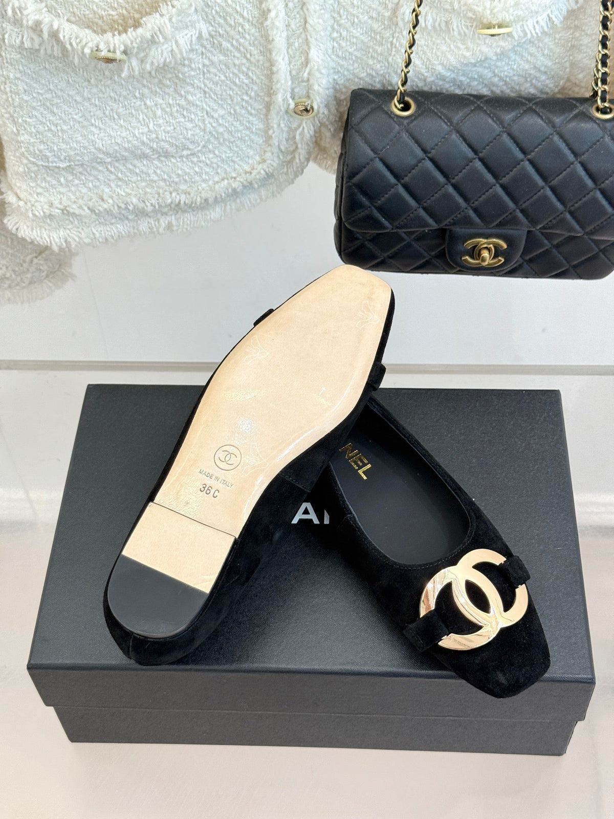 CC 26s Buckle Square Toe Ballet Flat Black Suede 829734