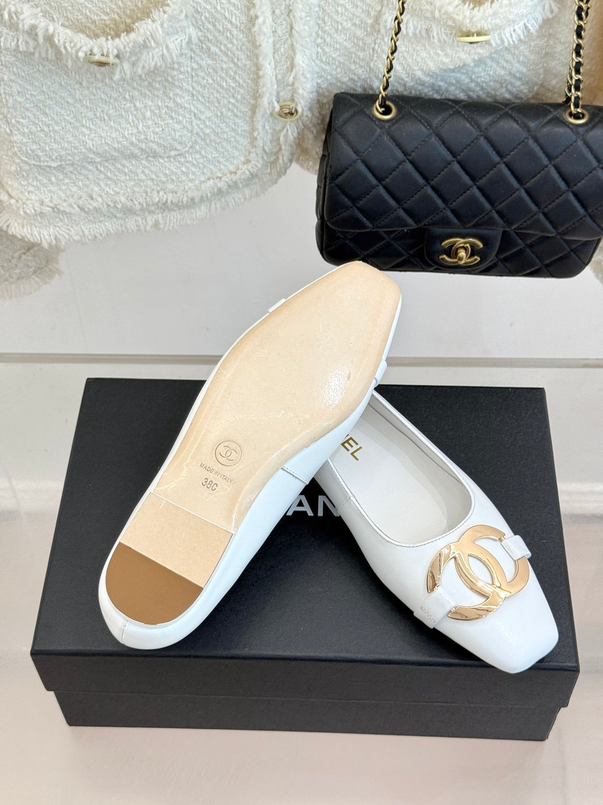 CC 26s Buckle Square Toe Ballet Flat White Lambskin 829736