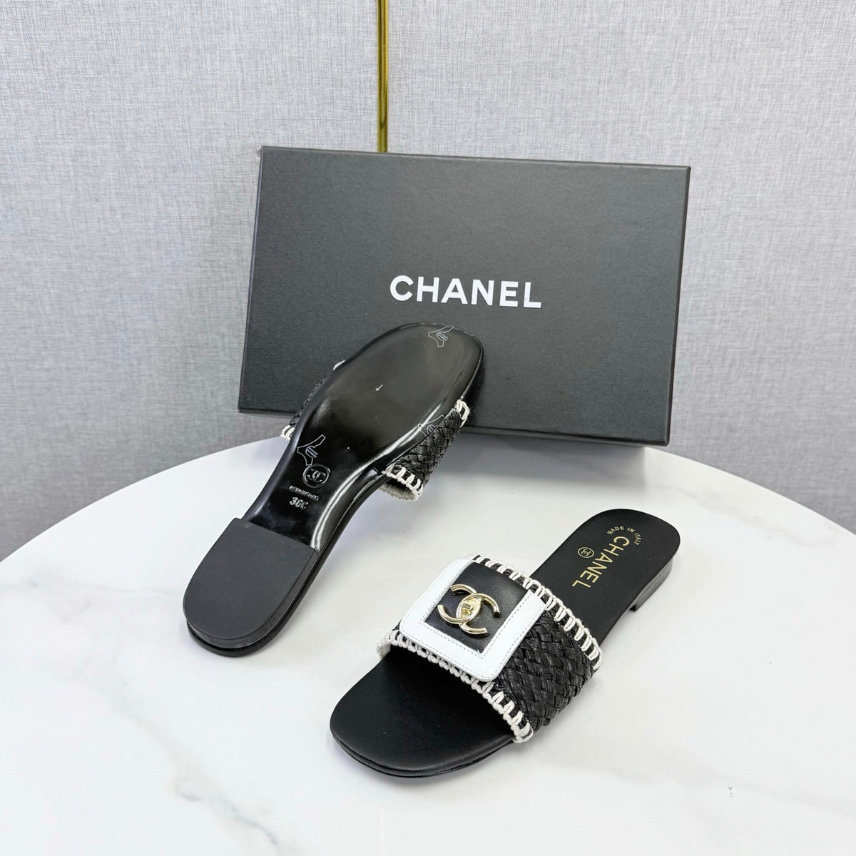 Chanel 26s Woven Strap Slides Black White Lambskin