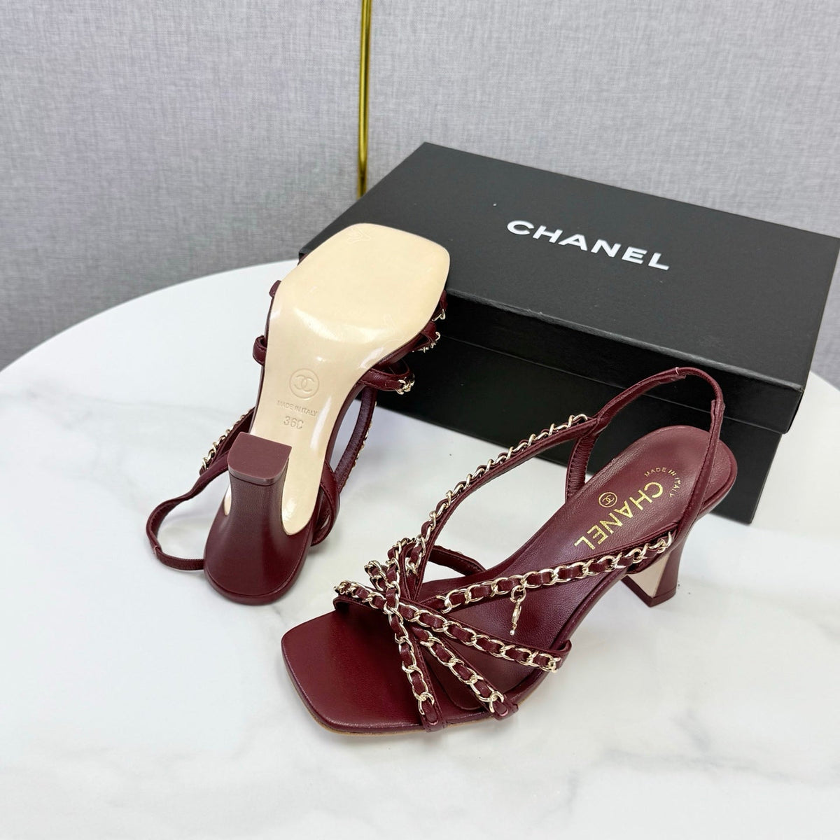CC 26s Chain Strap High Heels 8cm Dark Red Lambskin