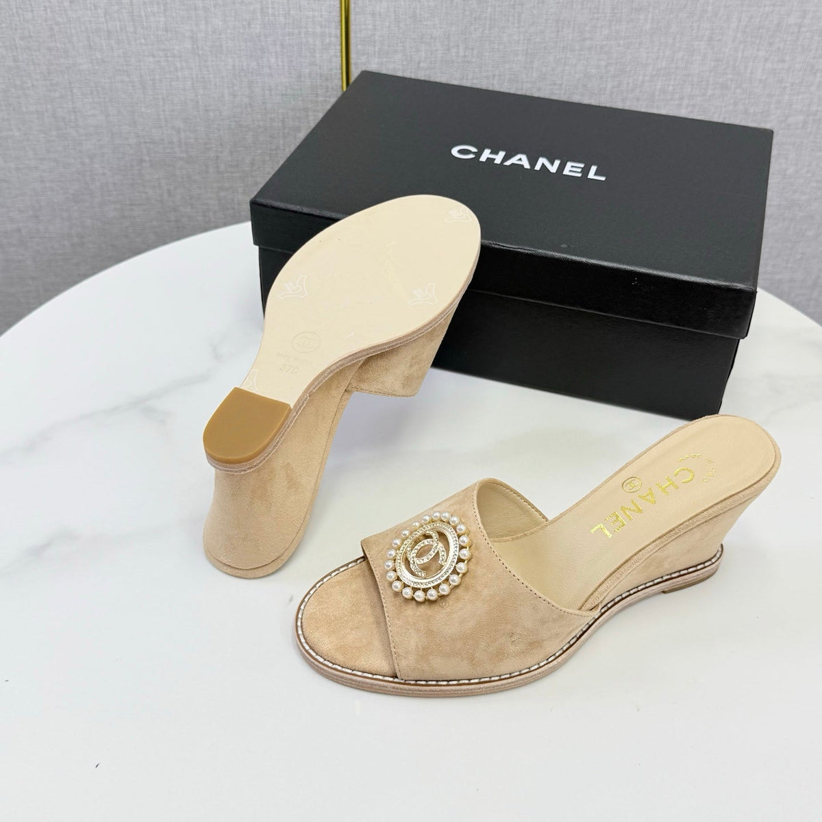 CC 26s Wedge Heels In Beige Suede With Cc Pearl Embellished