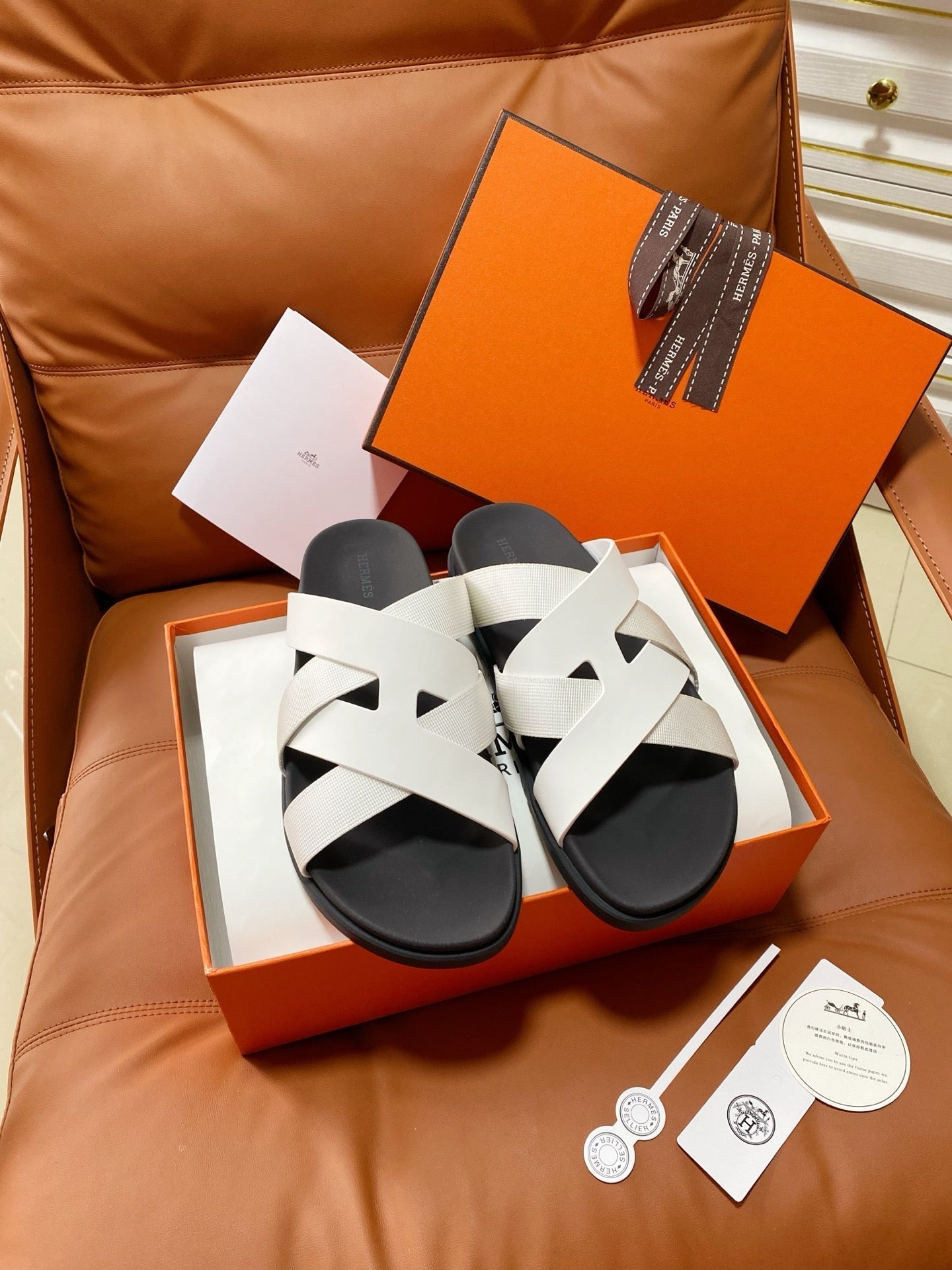 HM 2026 Cross Sandals White Canvas Calfskin 667285