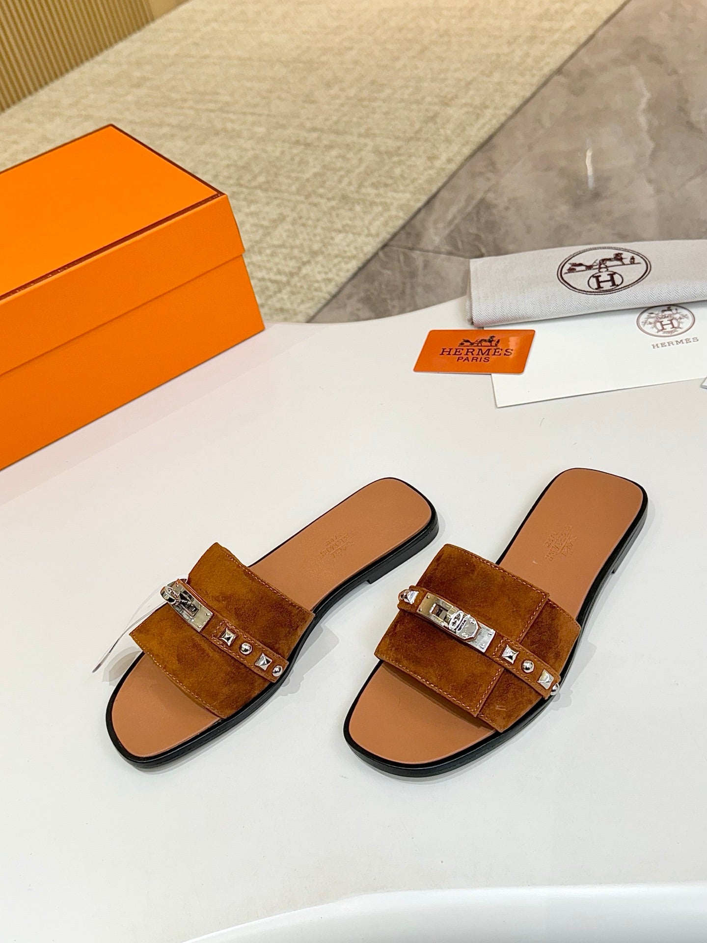 HM 26s Giulia Sandal In Caramel Brown Suede And Calfskin Silver Hardware