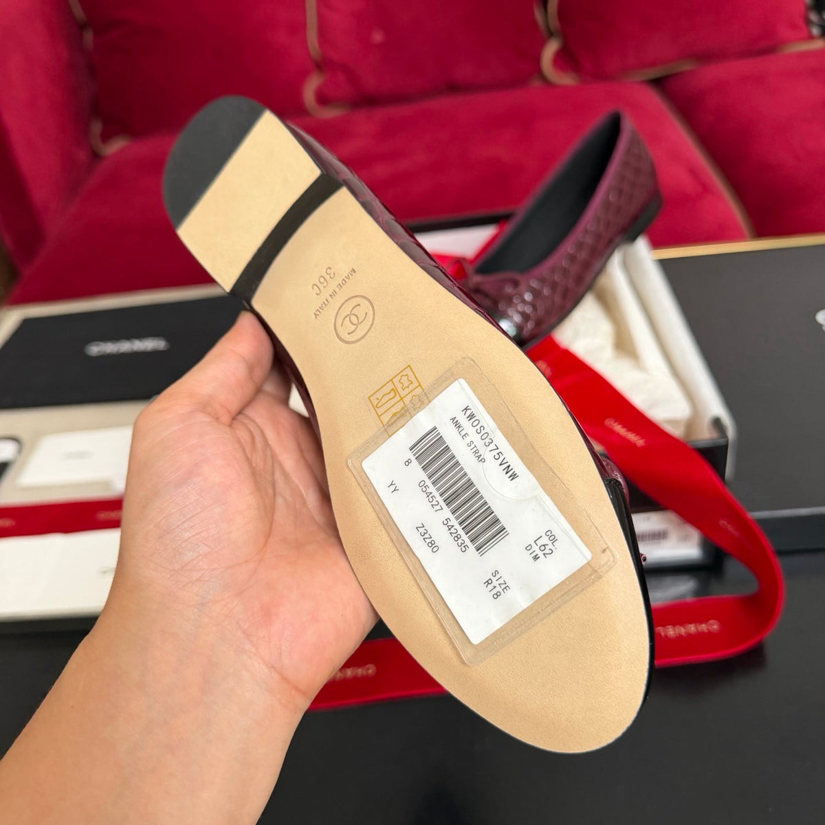 CC 26s Ballet Flat Burgundy Black Glossy Crocodile Embossed Leather 901101