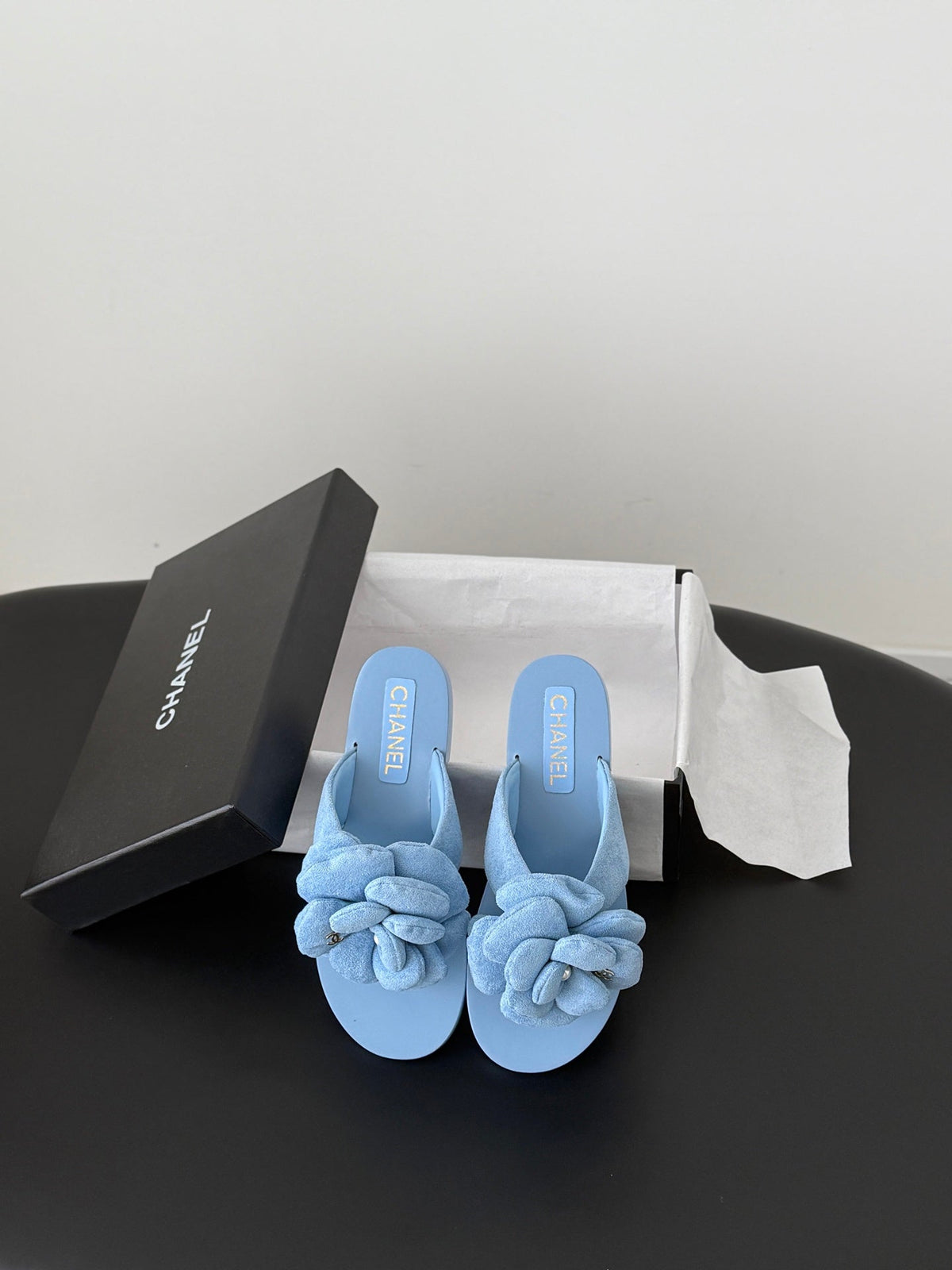 CC 26K Camellia Slippers Light Blue Suede 914832