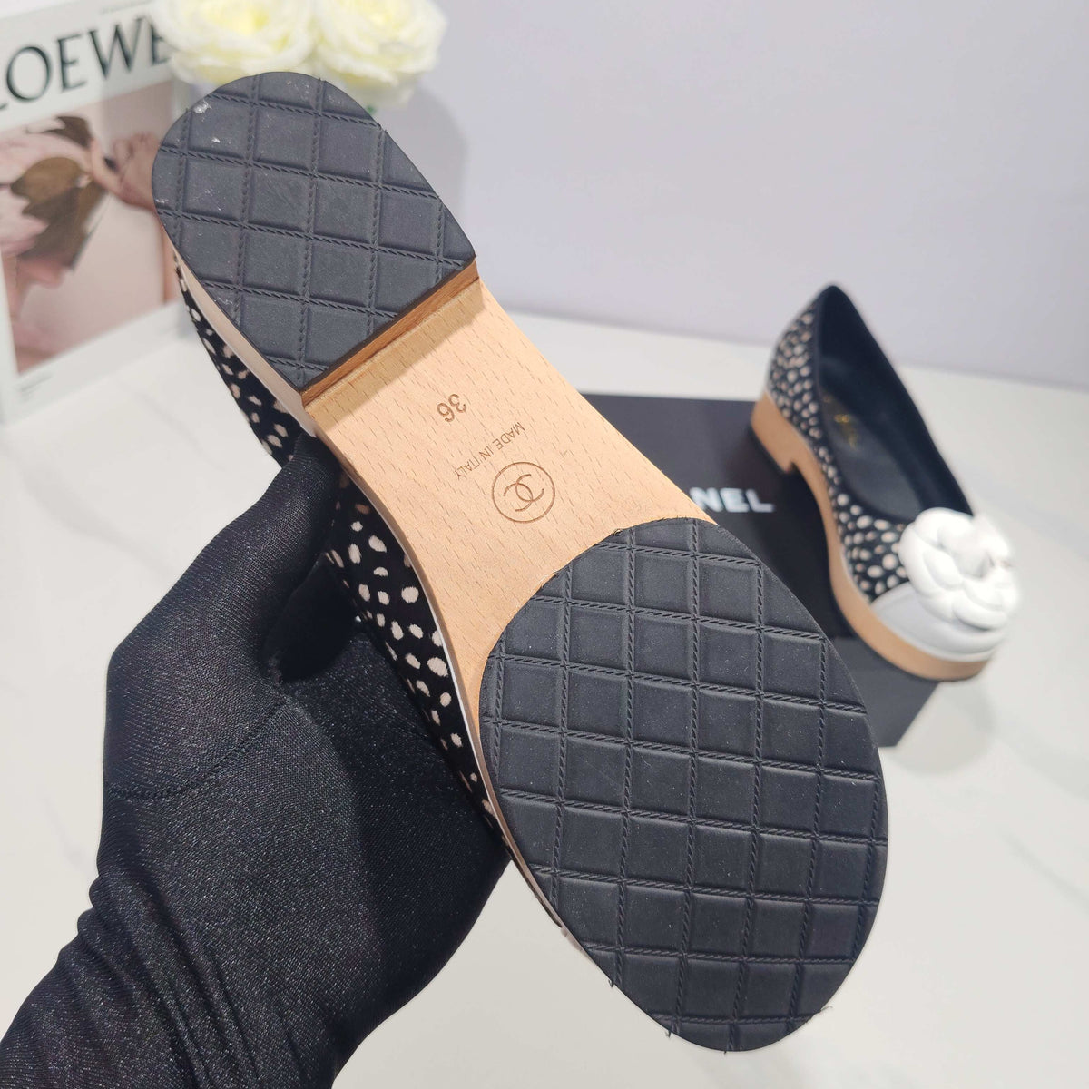 CC 26s Camellia Polka Dot Platform Shoes Black White Horsehair 104255