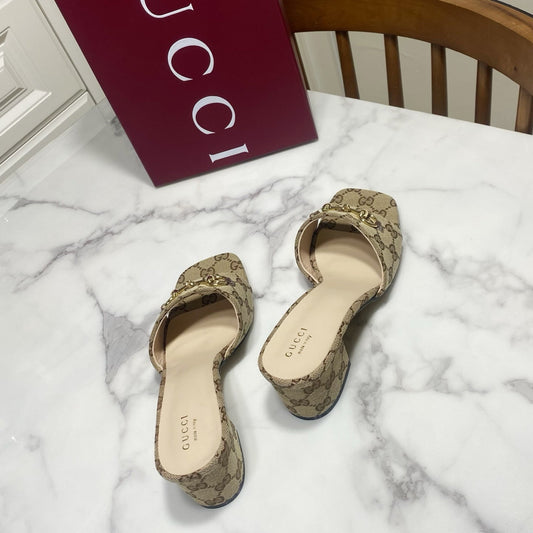 GG 26SS Chunky Heeled Sandals 65 Beige White Canvas Leather 640621